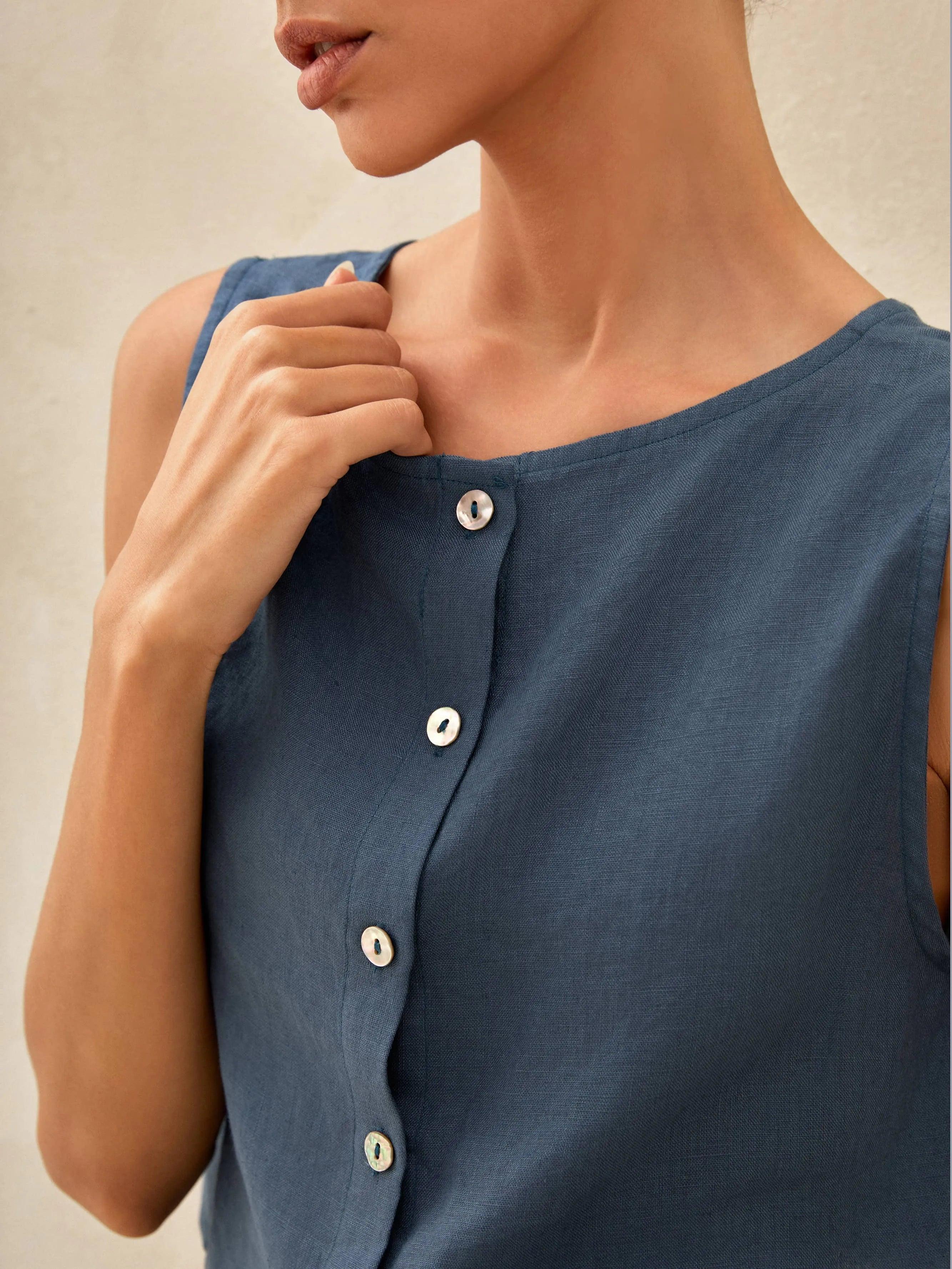 100% Linen Button Decorate Vest Naxi Skirts Set LUCIA