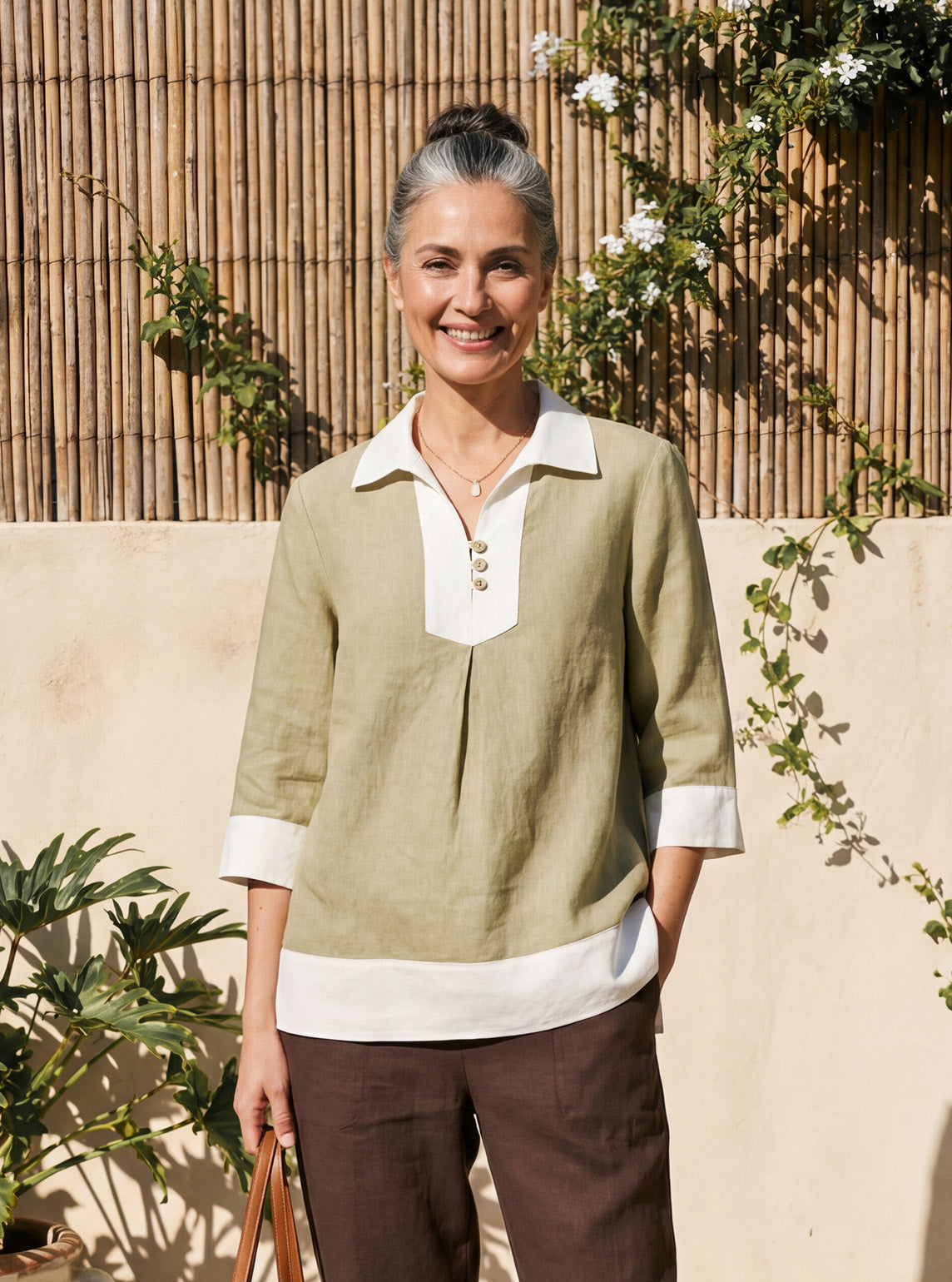 100% Linen Contrast Panel Lapel Sculpted Pleated Pullover Top VICTORIA