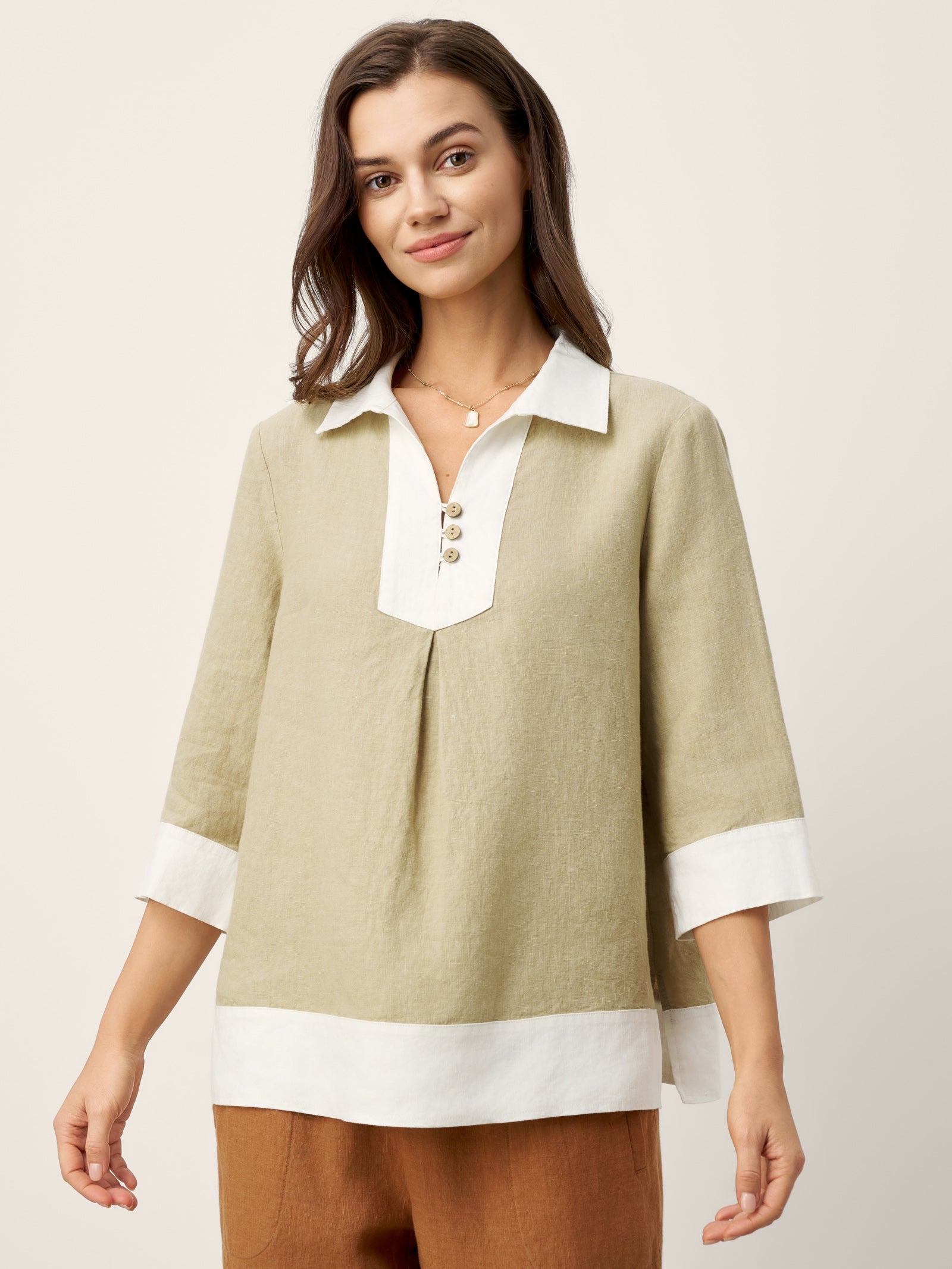 100% Linen Contrast Panel Lapel Sculpted Pleated Pullover Top VICTORIA