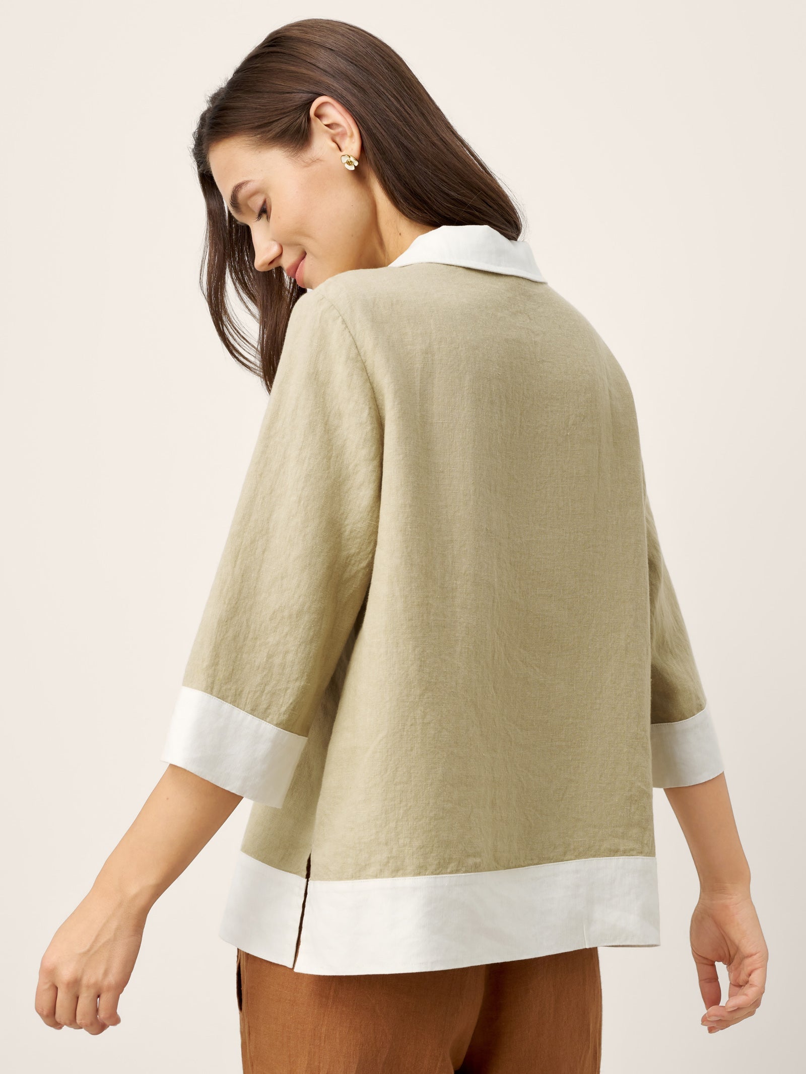 100% Linen Contrast Panel Lapel Sculpted Pleated Pullover Top VICTORIA