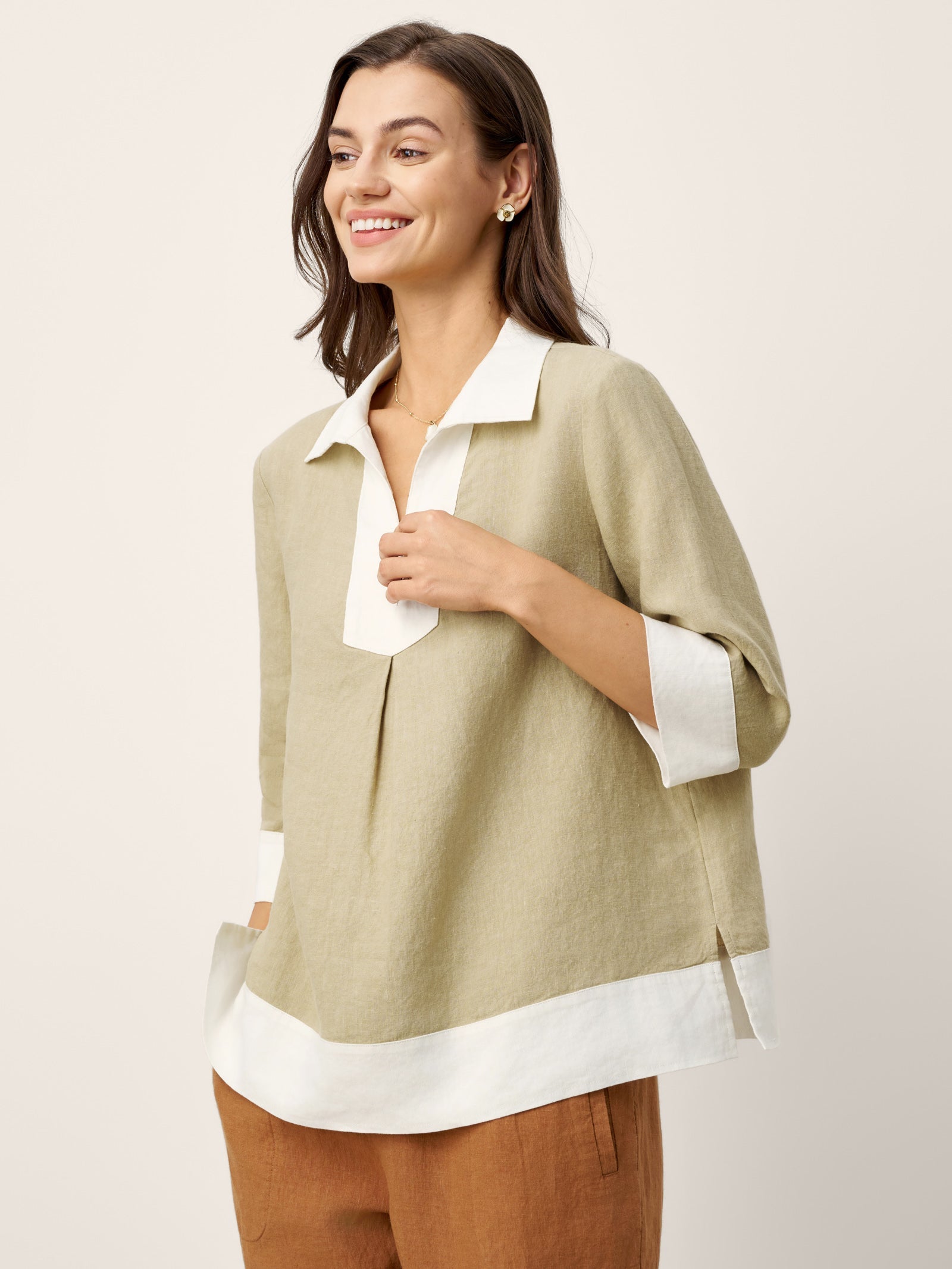 100% Linen Contrast Panel Lapel Sculpted Pleated Pullover Top VICTORIA