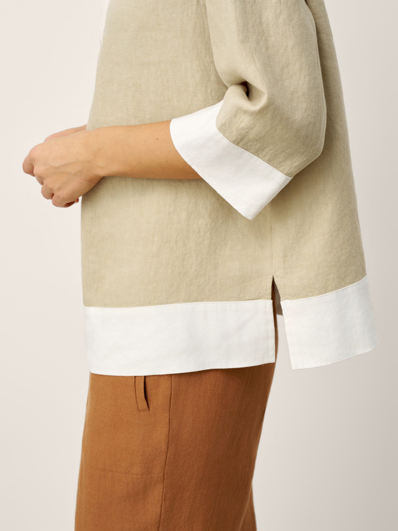 100% Linen Contrast Panel Lapel Sculpted Pleated Pullover Top VICTORIA