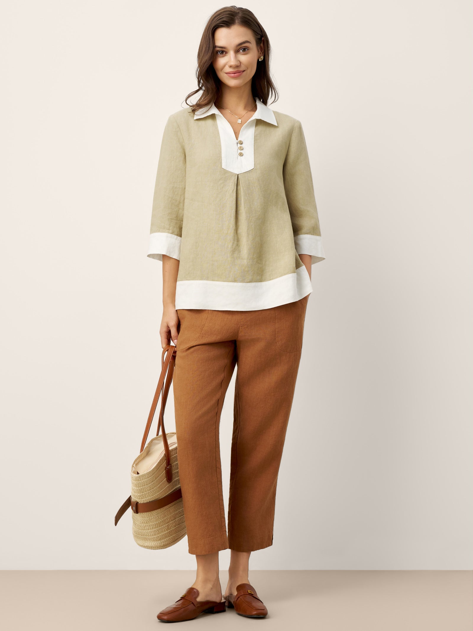 100% Linen Contrast Panel Lapel Sculpted Pleated Pullover Top VICTORIA