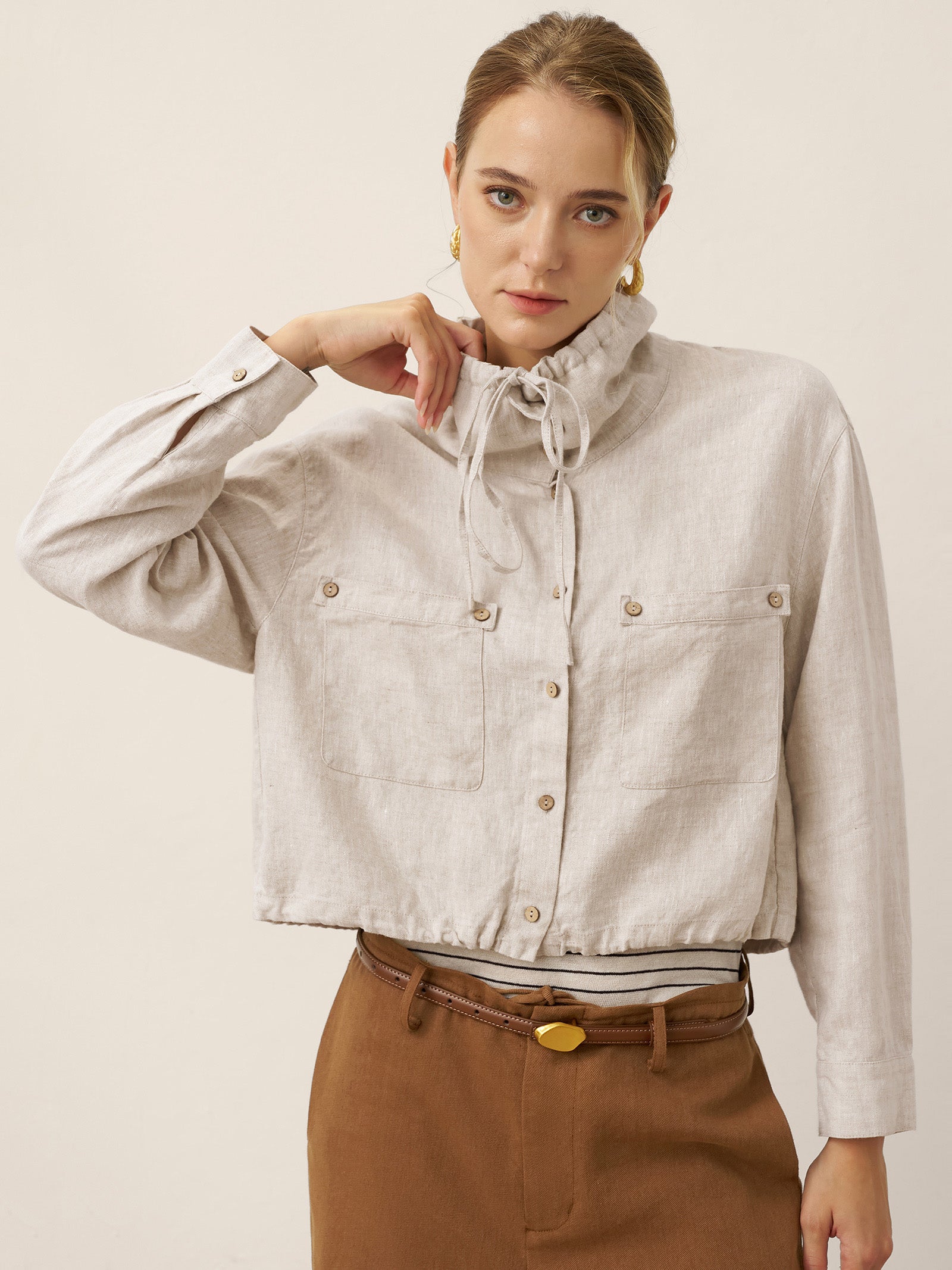 100% Linen Drawstring Convertible Lapel Jacket LAYNE