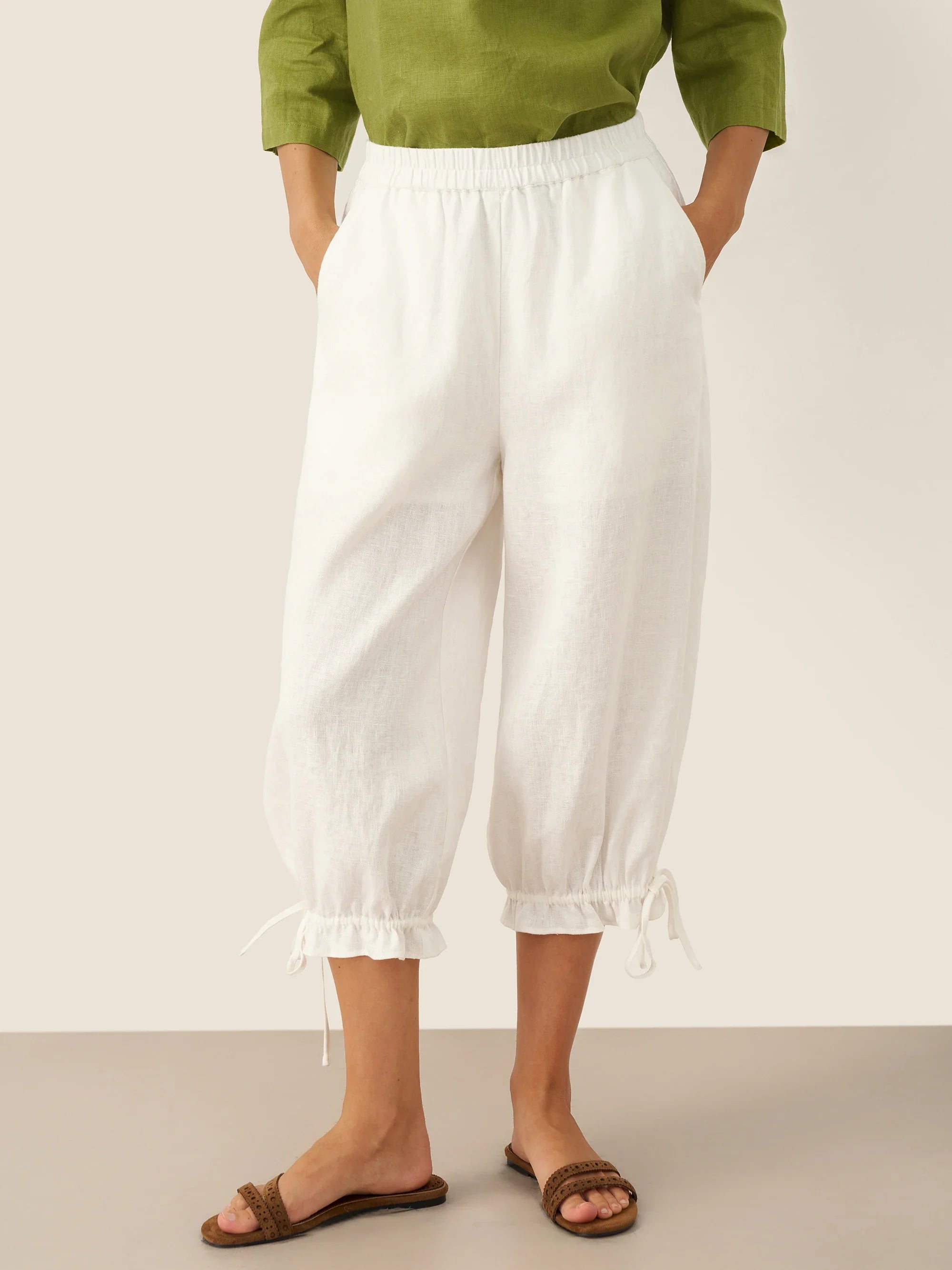 100% Linen Elastic Waist Ruffled Cuff Pants RUBY