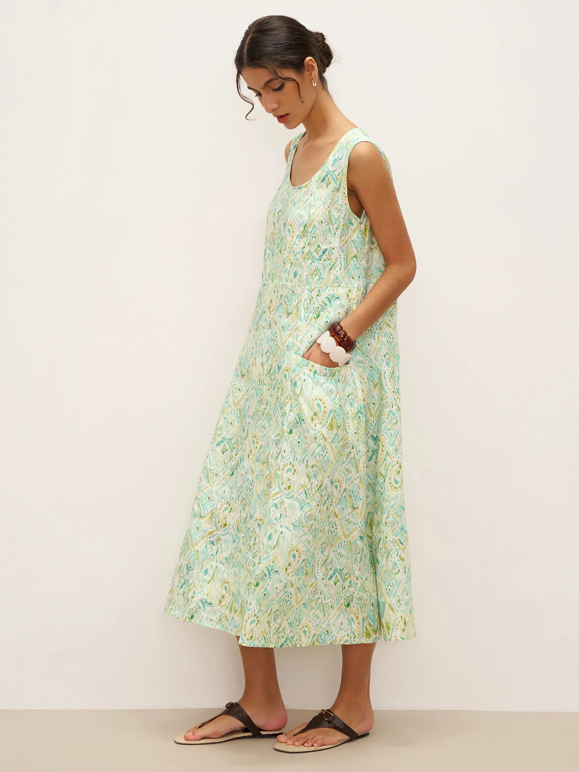 100% Linen Floral Swing Beach Tank Dress LORRAINE
