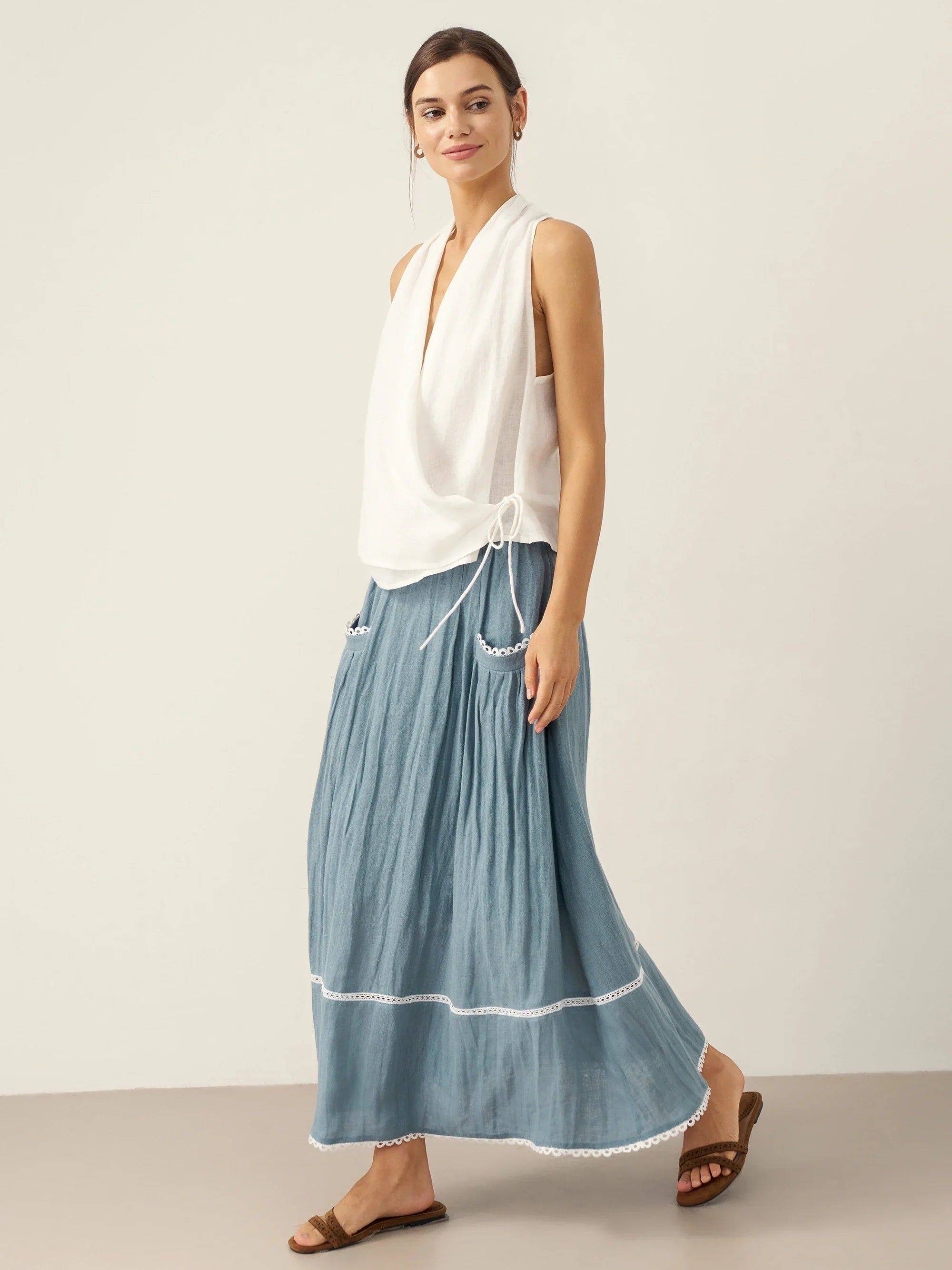 100% Linen Halter Neck Tie-Front Crop Top FAYE