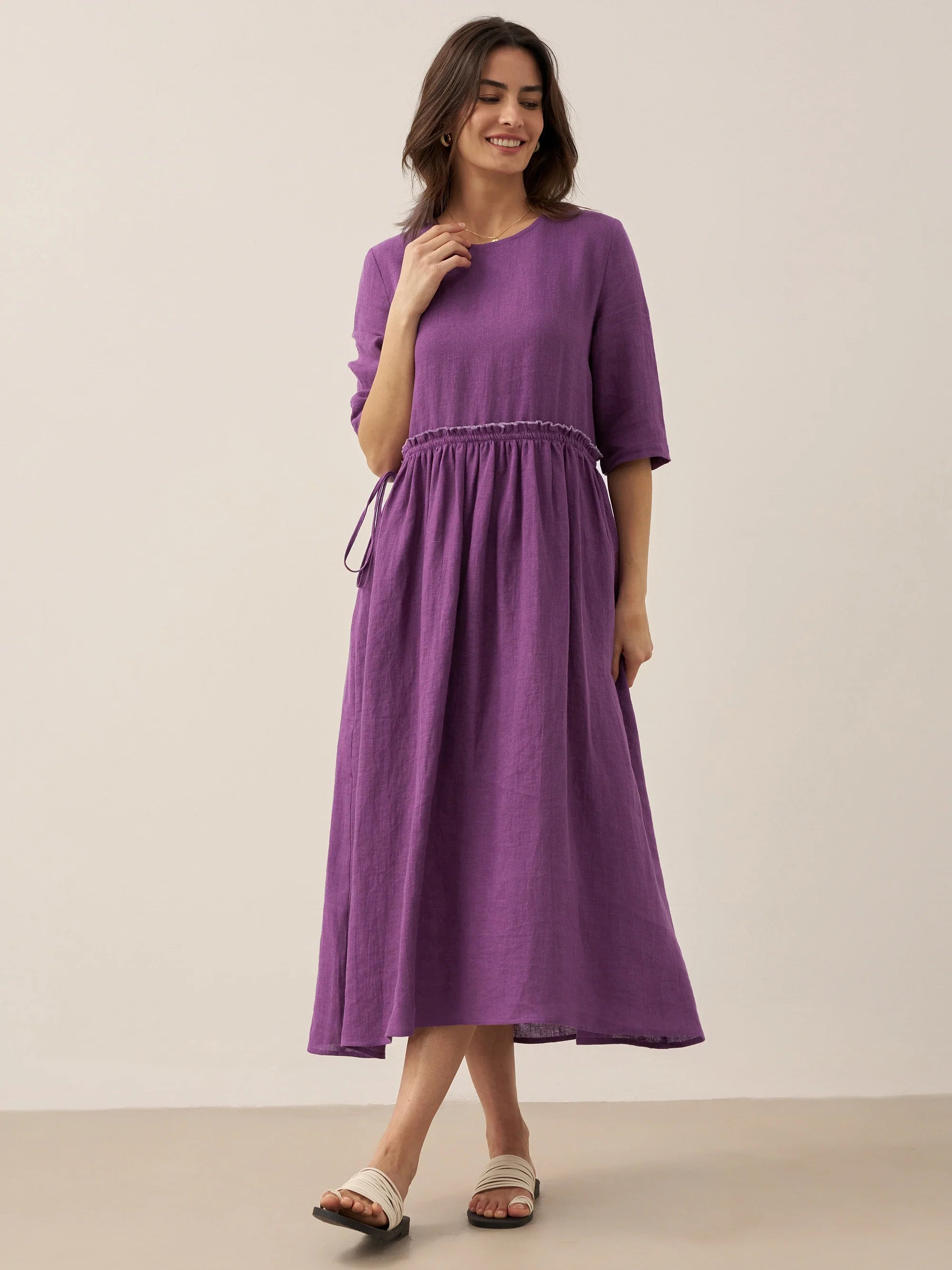 100% Linen Petal-Waist Drawstring Midi Dress JASMINE