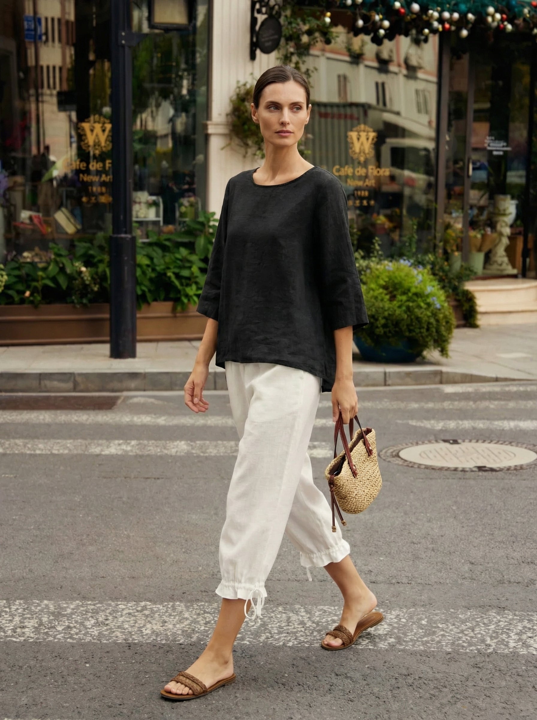 100% Linen Round Neck Asymmetrical Hem Top BRIANNA