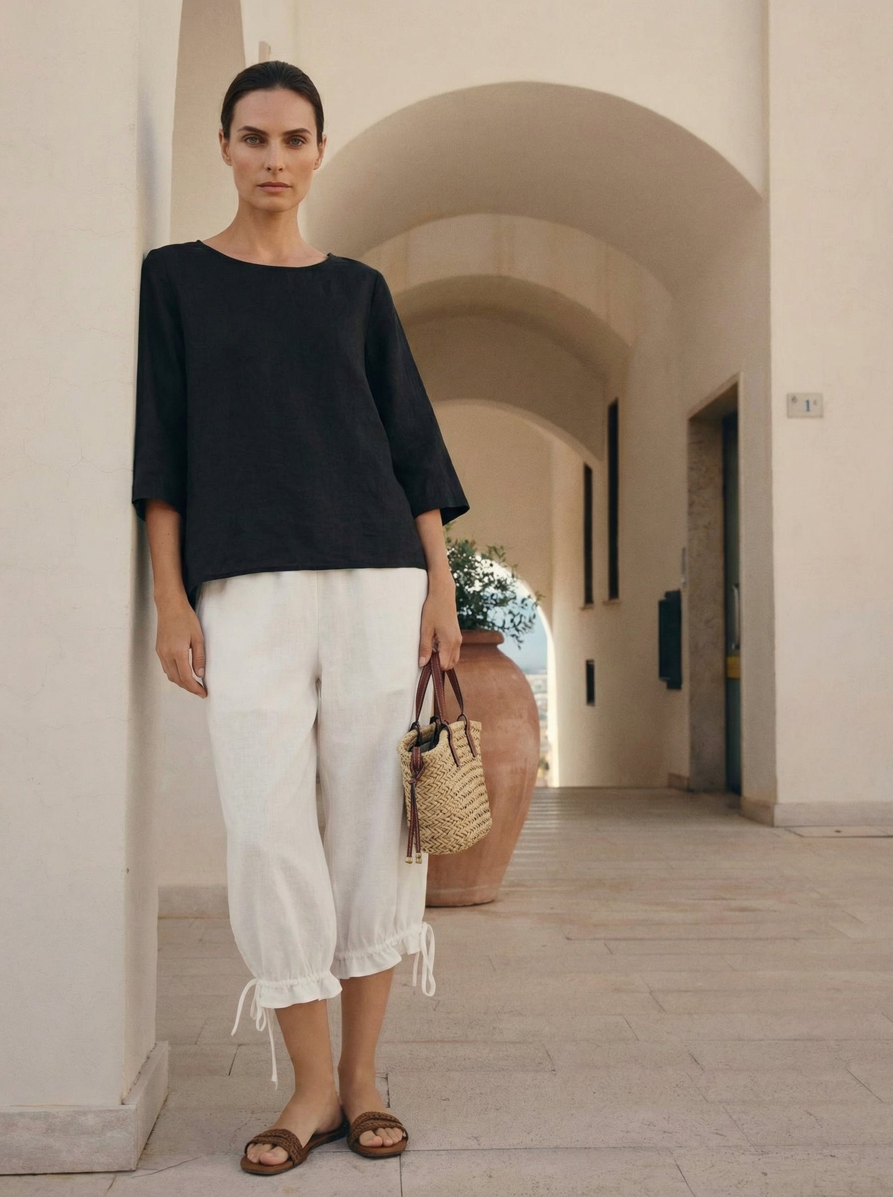 100% Linen Round Neck Asymmetrical Hem Top BRIANNA