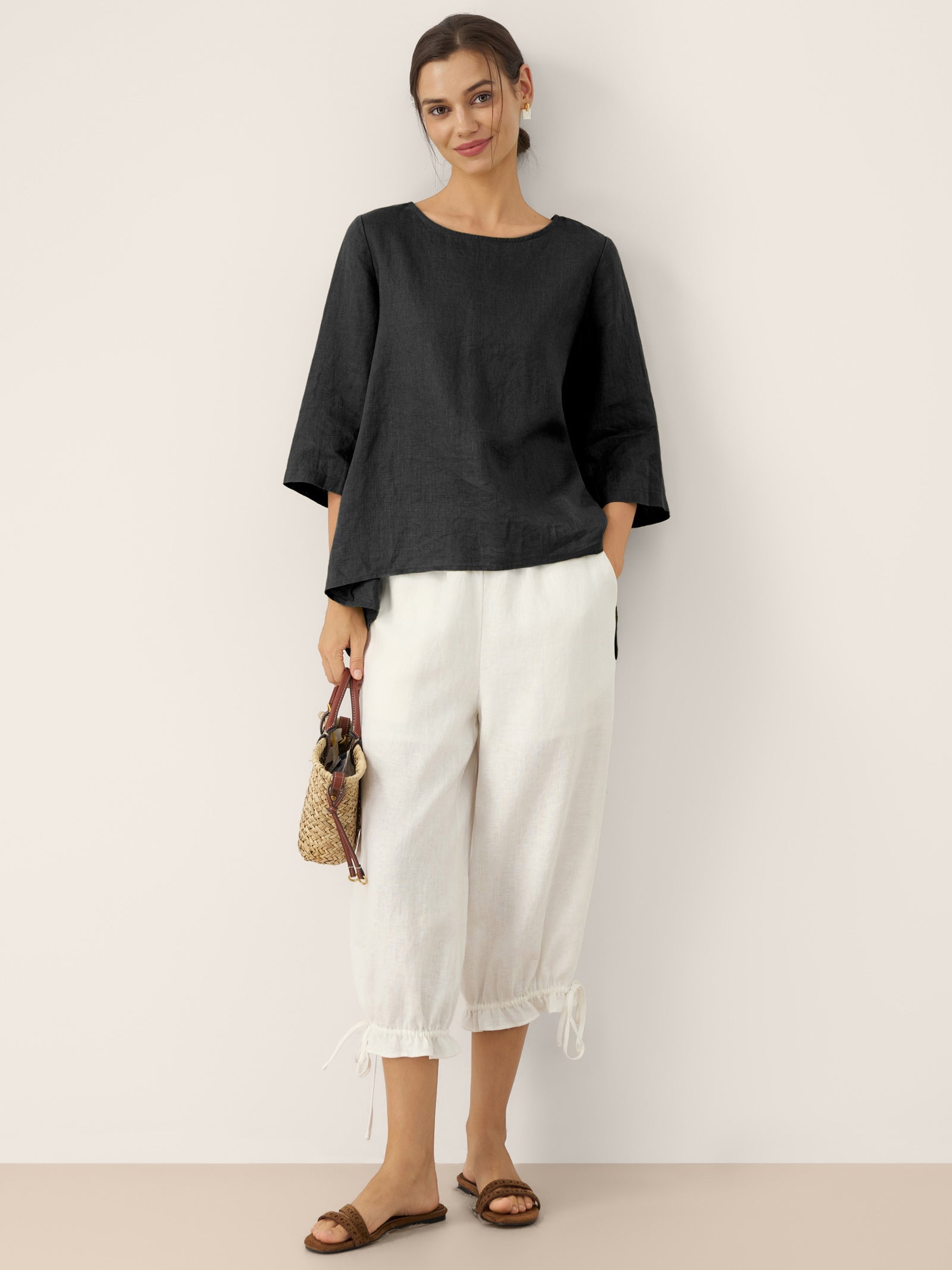 100% Linen Round Neck Asymmetrical Hem Top BRIANNA