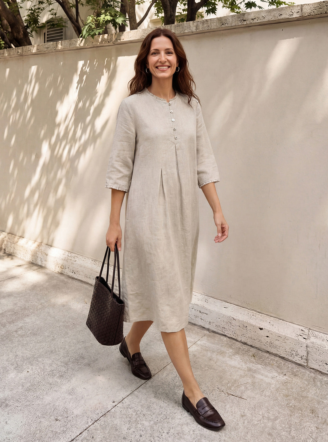 100% Linen Ruffle Trim Inverted Pleat Midi Dress LAVINIA