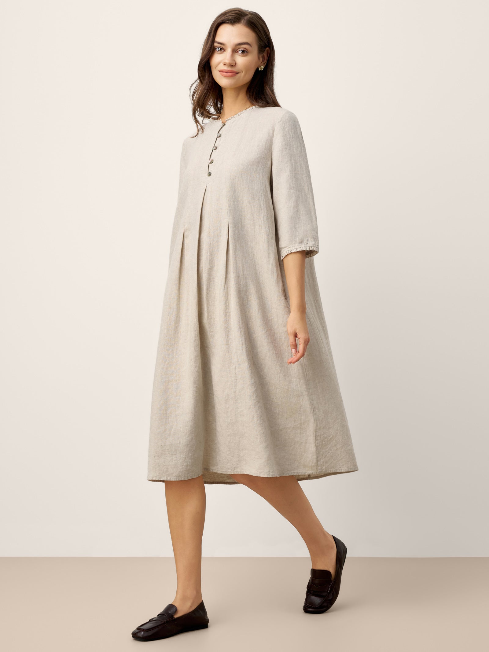 100% Linen Ruffle Trim Inverted Pleat Midi Dress LAVINIA