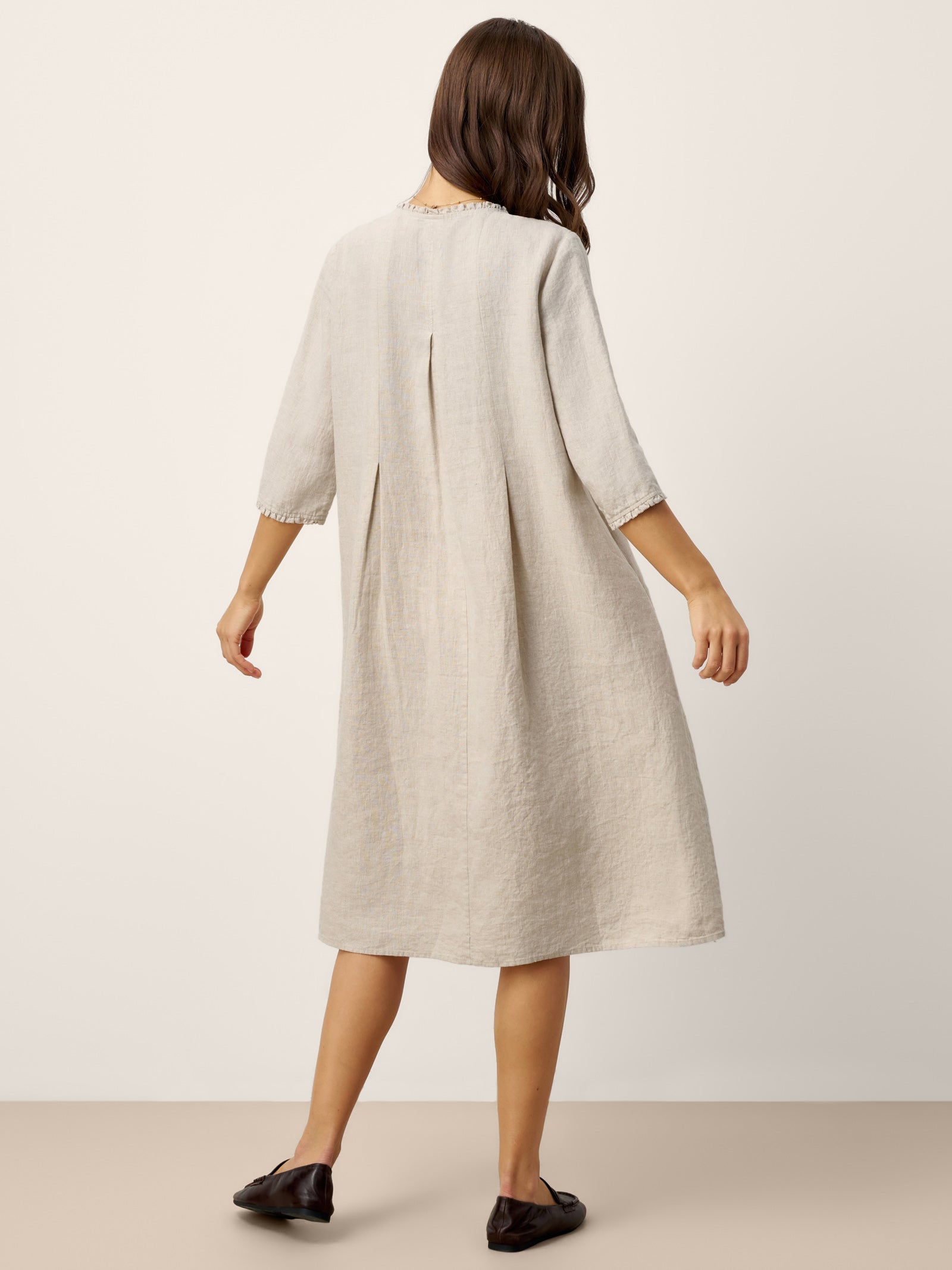 100% Linen Ruffle Trim Inverted Pleat Midi Dress LAVINIA