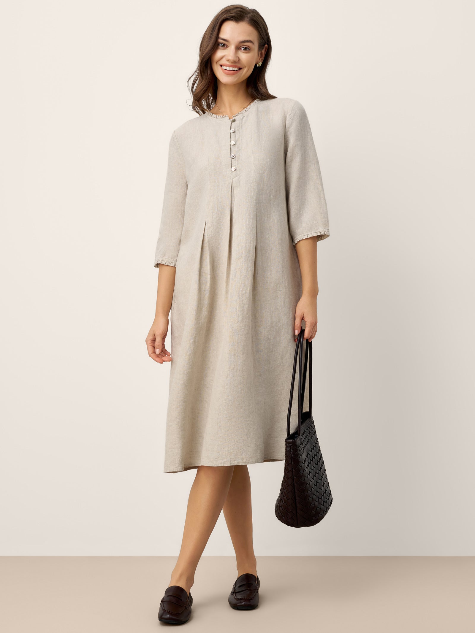 100% Linen Ruffle Trim Inverted Pleat Midi Dress LAVINIA