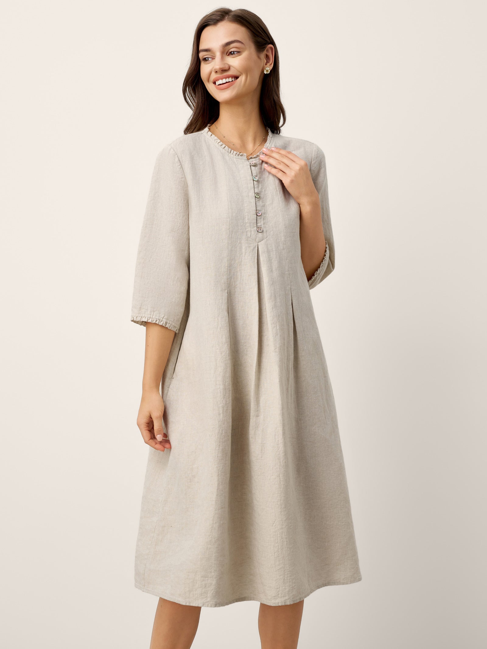 100% Linen Ruffle Trim Inverted Pleat Midi Dress LAVINIA