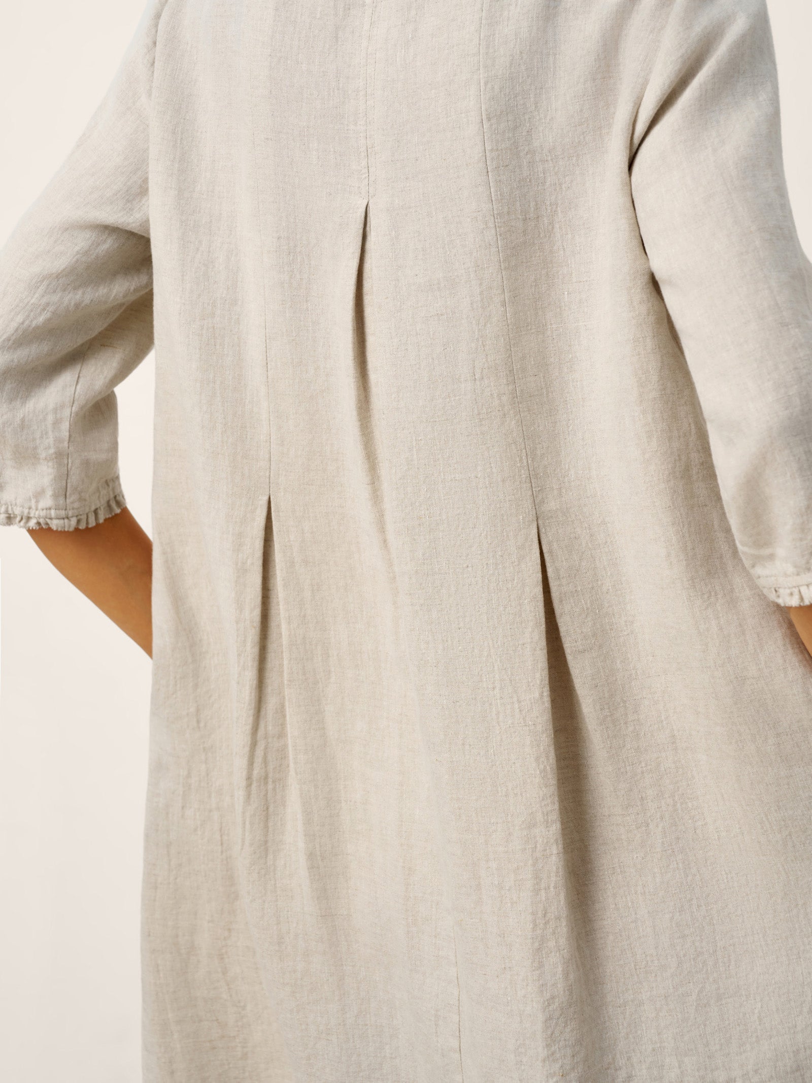 100% Linen Ruffle Trim Inverted Pleat Midi Dress LAVINIA