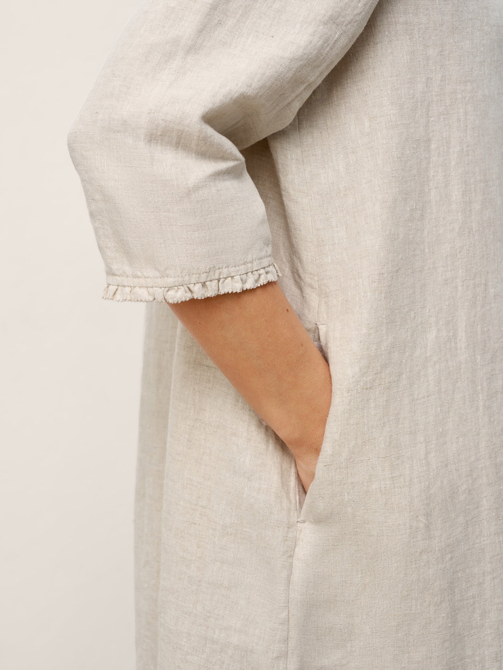 100% Linen Ruffle Trim Inverted Pleat Midi Dress LAVINIA