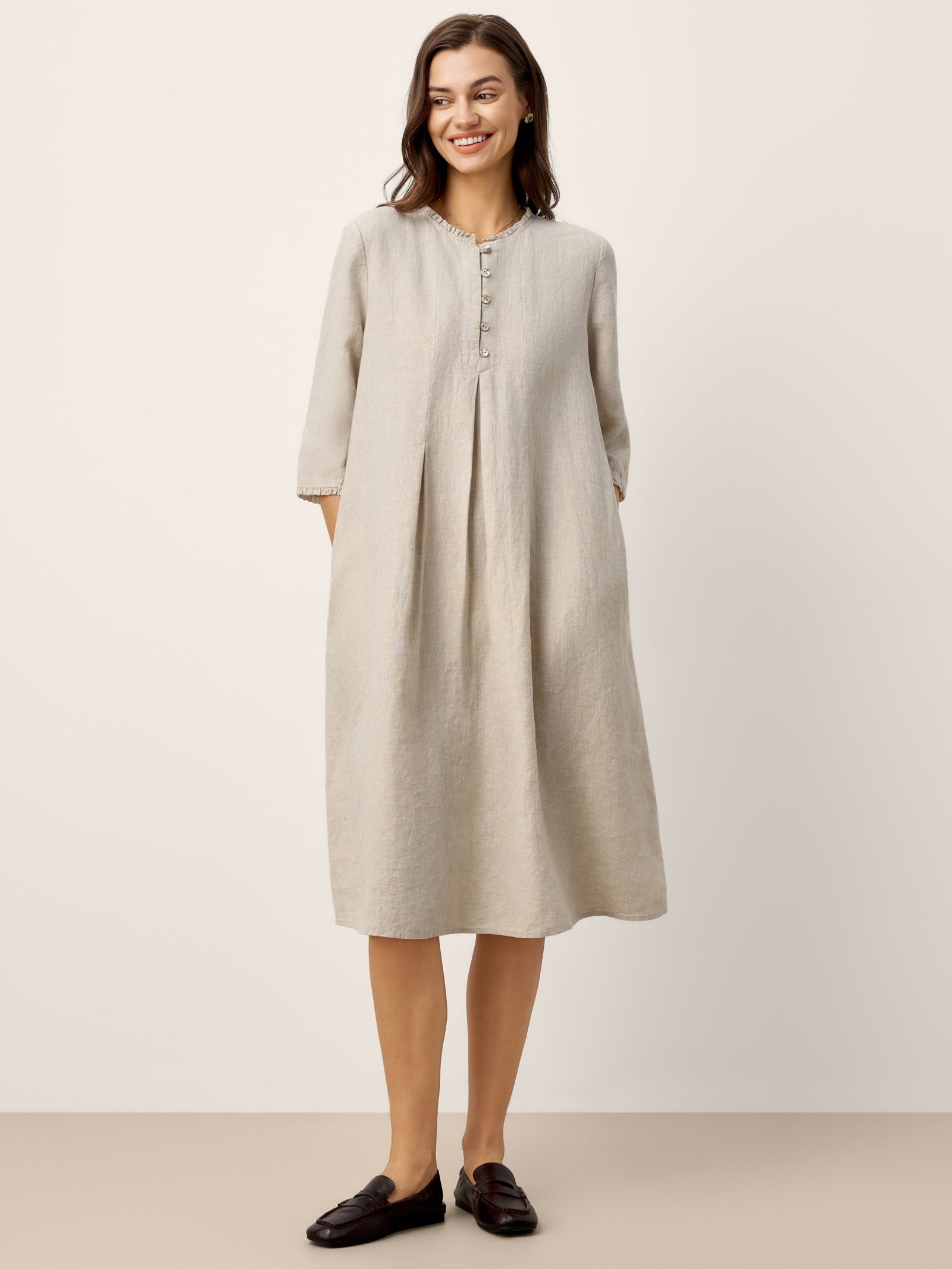 100% Linen Ruffle Trim Inverted Pleat Midi Dress LAVINIA