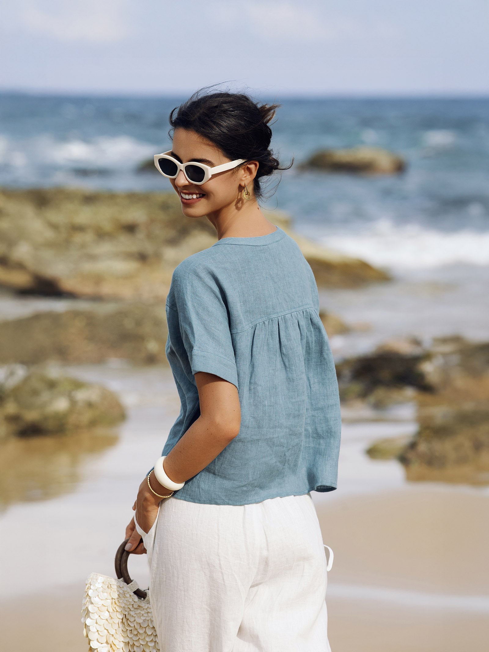 100% Linen Short Sleeve Crew Neck Shirt FINA