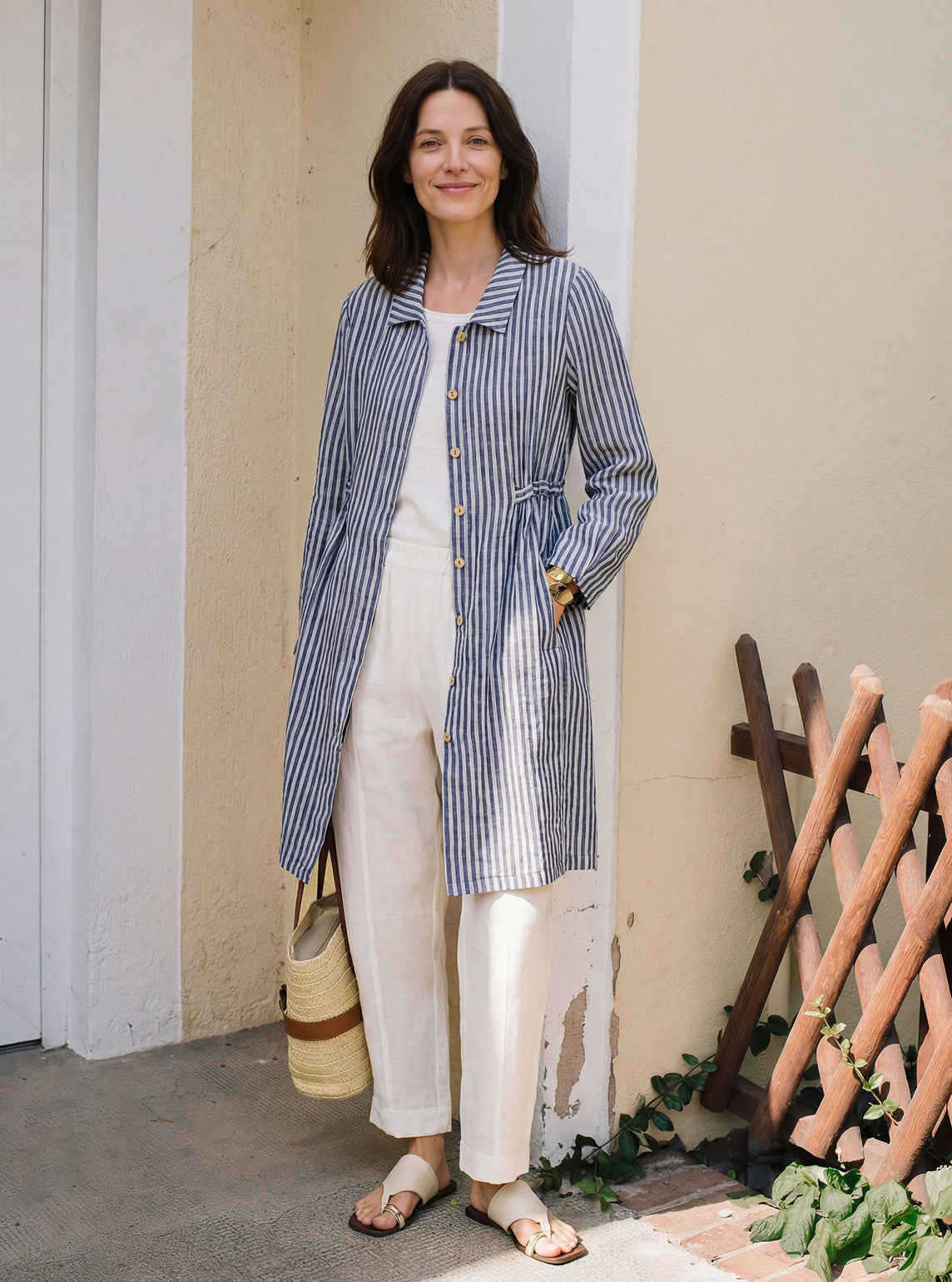 100% Linen Striped Back Drawstring Midi Shirt Dress ADELAIDE