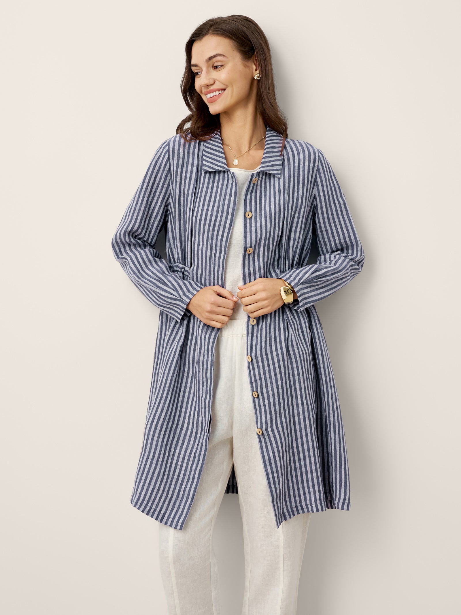 100% Linen Striped Back Drawstring Midi Shirt Dress ADELAIDE