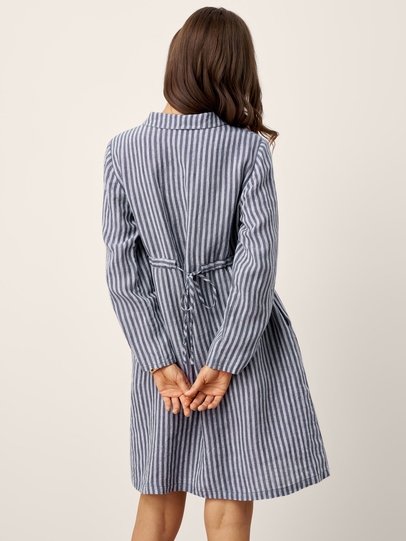 100% Linen Striped Back Drawstring Midi Shirt Dress ADELAIDE