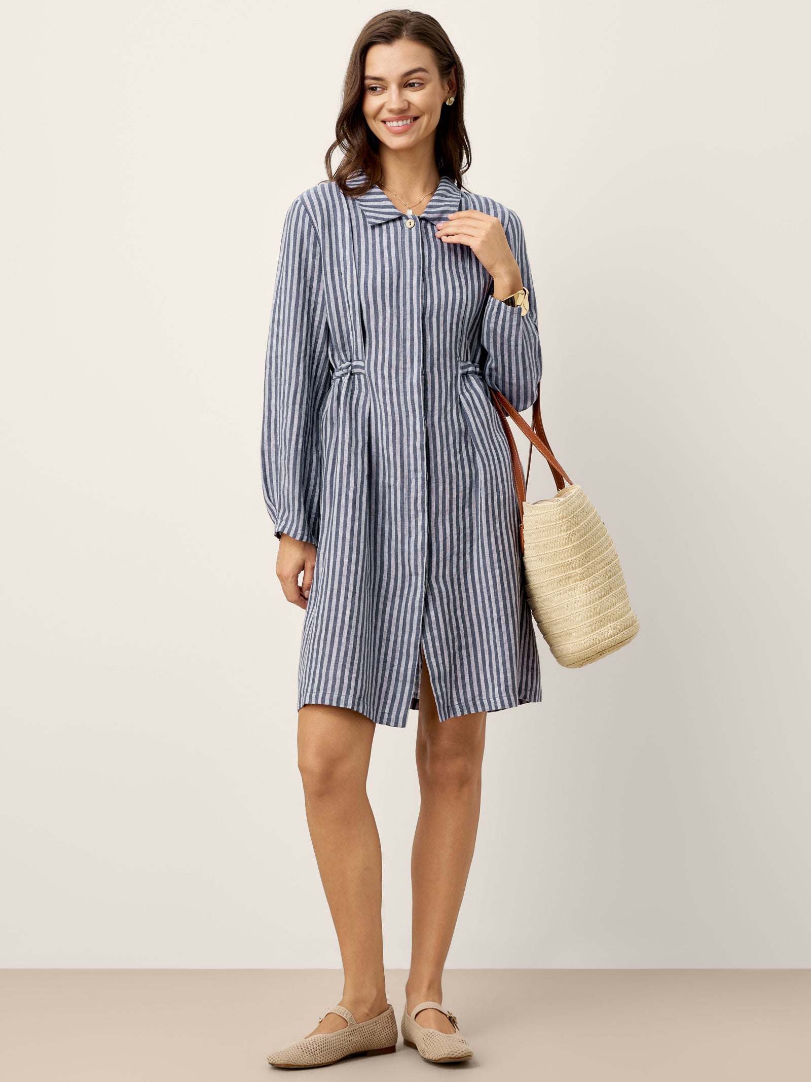 100% Linen Striped Back Drawstring Midi Shirt Dress ADELAIDE
