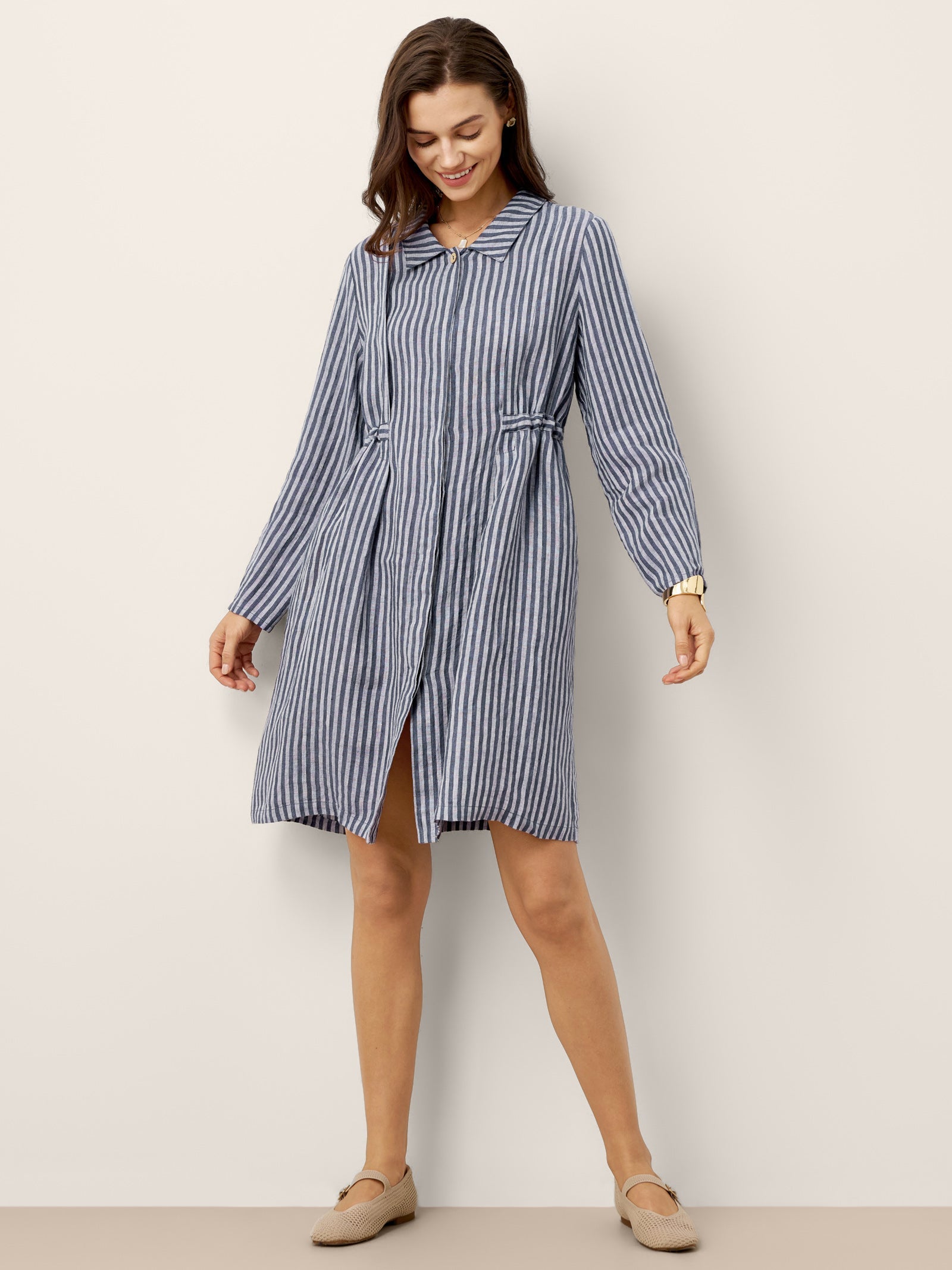 100% Linen Striped Back Drawstring Midi Shirt Dress ADELAIDE