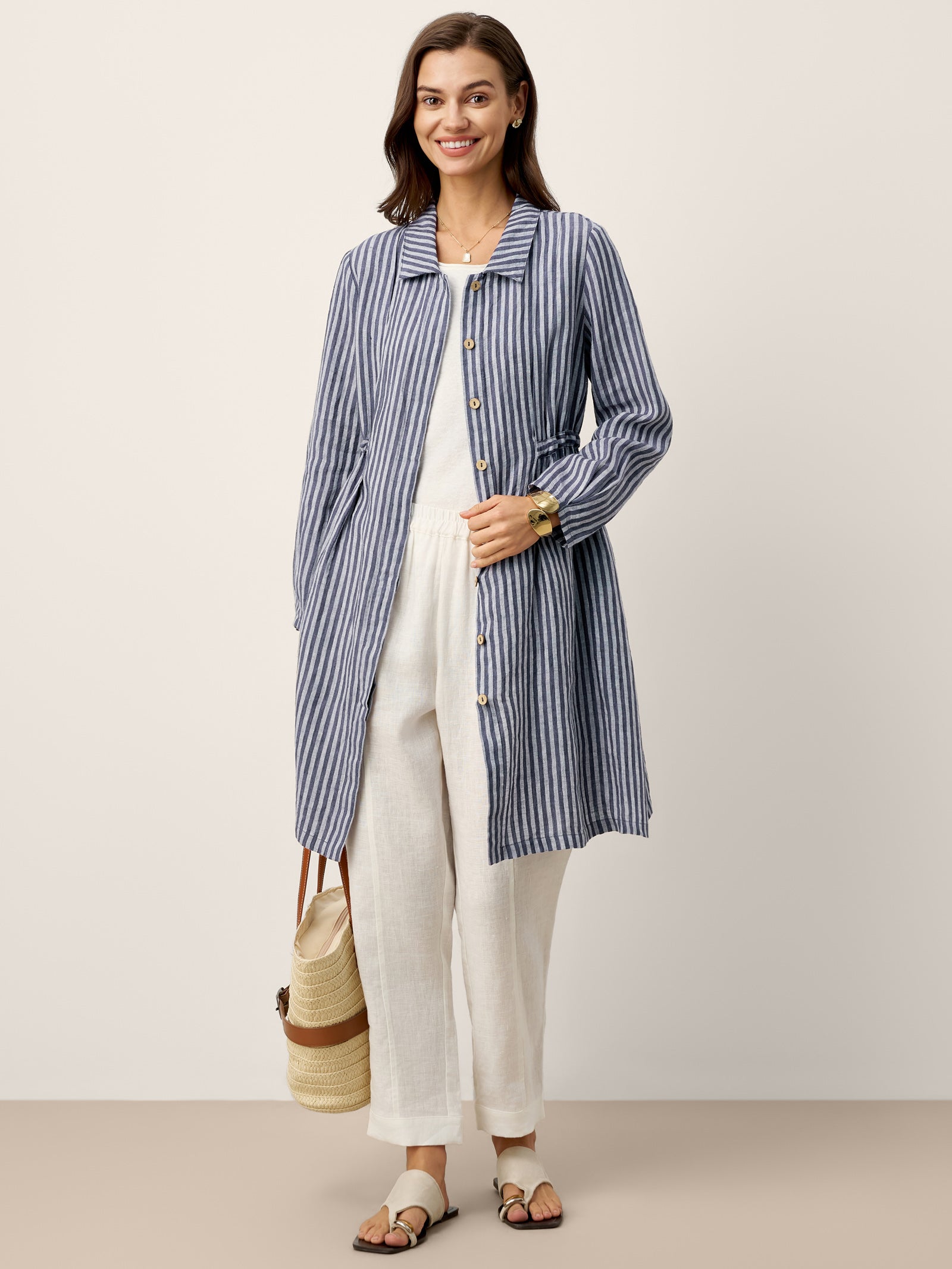 100% Linen Striped Back Drawstring Midi Shirt Dress ADELAIDE