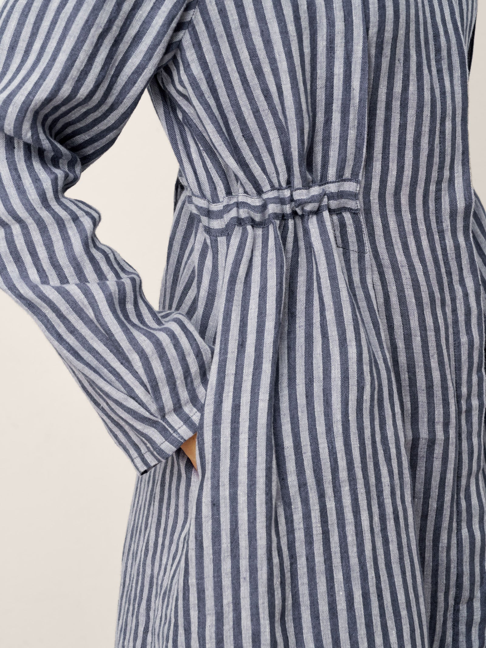 100% Linen Striped Back Drawstring Midi Shirt Dress ADELAIDE