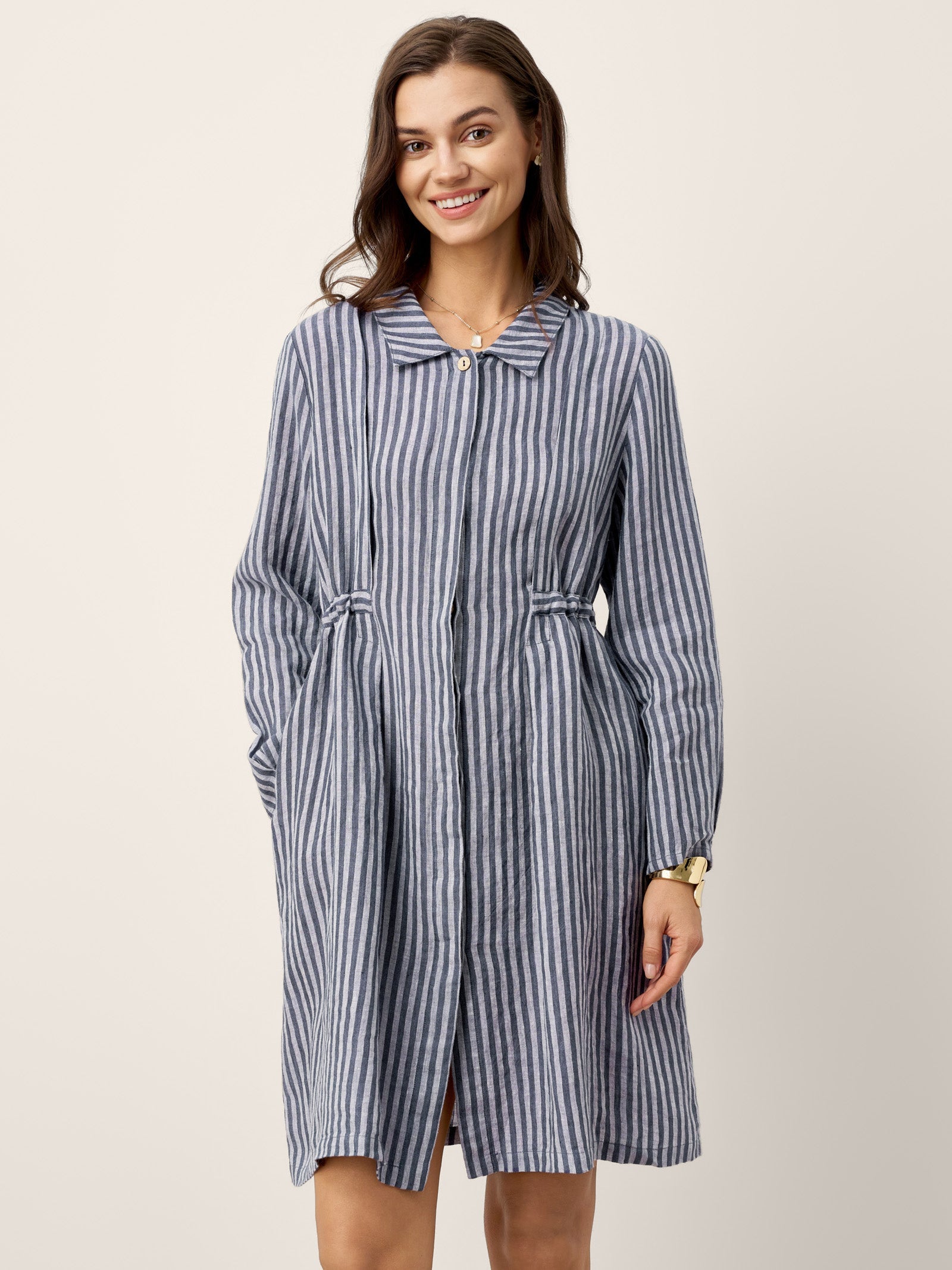 100% Linen Striped Back Drawstring Midi Shirt Dress ADELAIDE