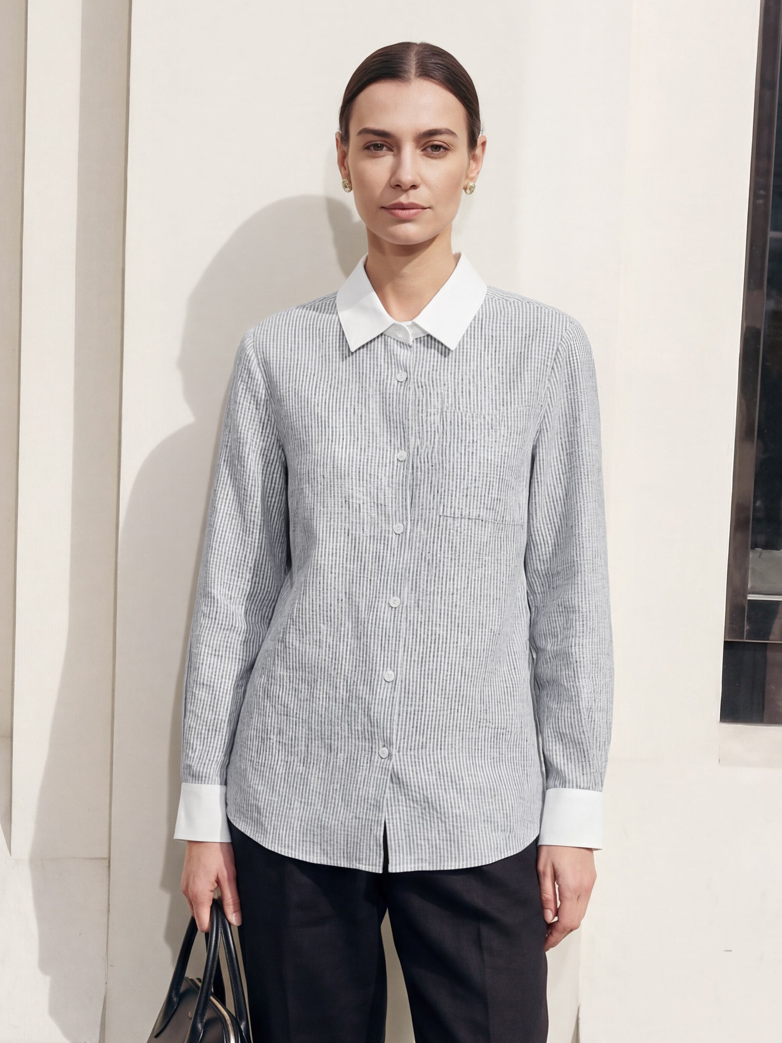 100% Linen Striped Patchwork Pleat Shirt THEA