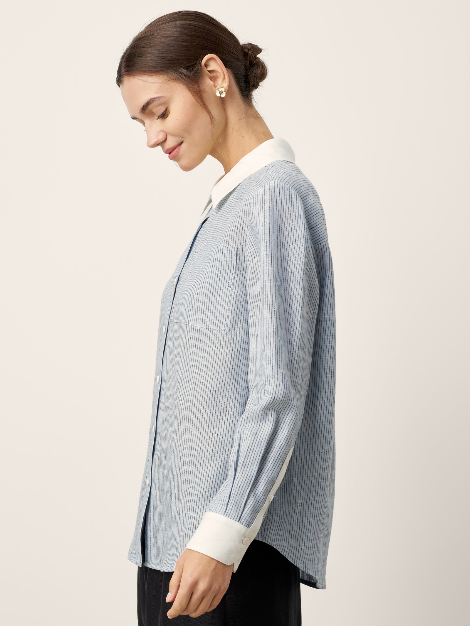 100% Linen Striped Patchwork Pleat Shirt THEA