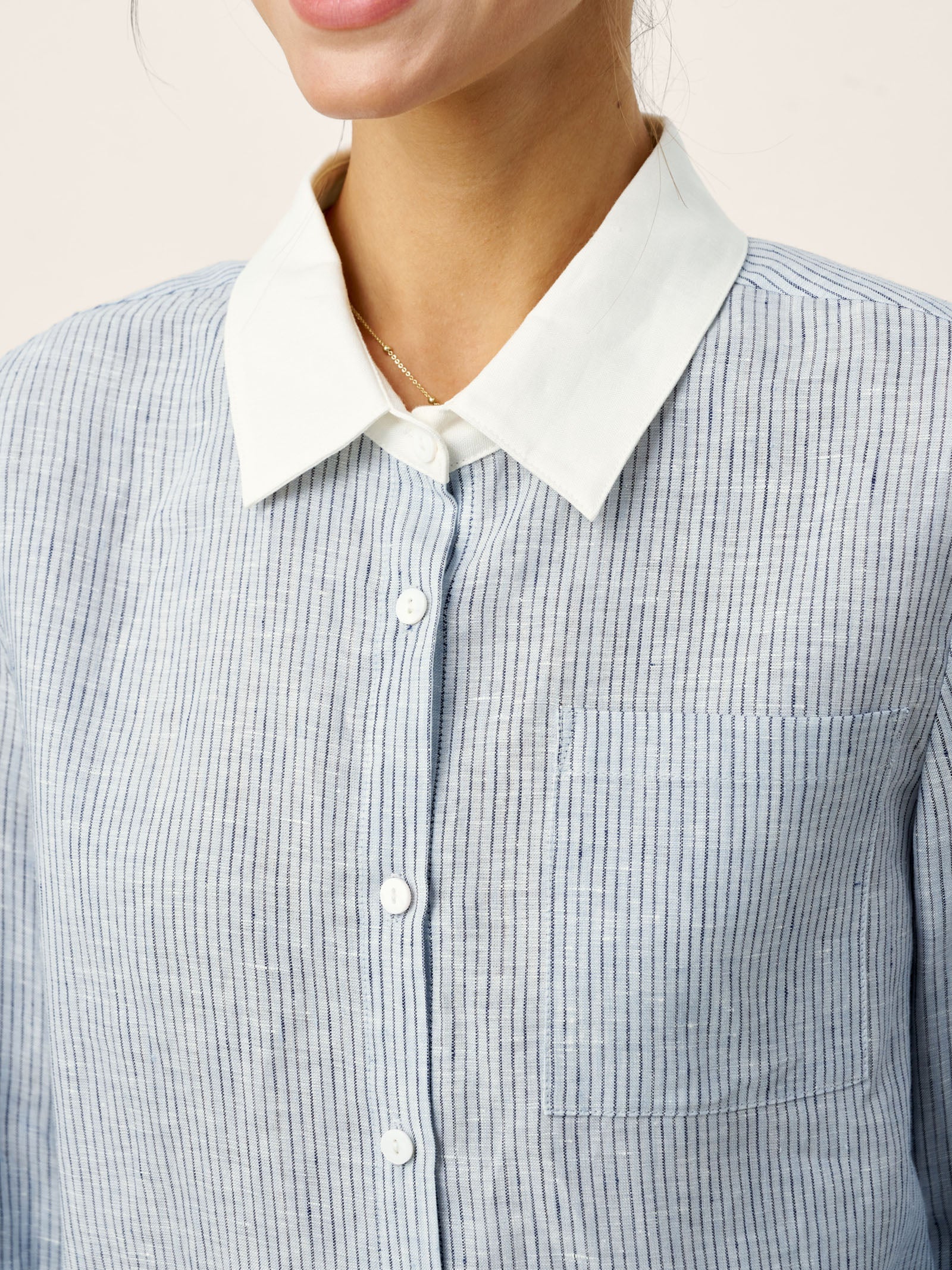 100% Linen Striped Patchwork Pleat Shirt THEA