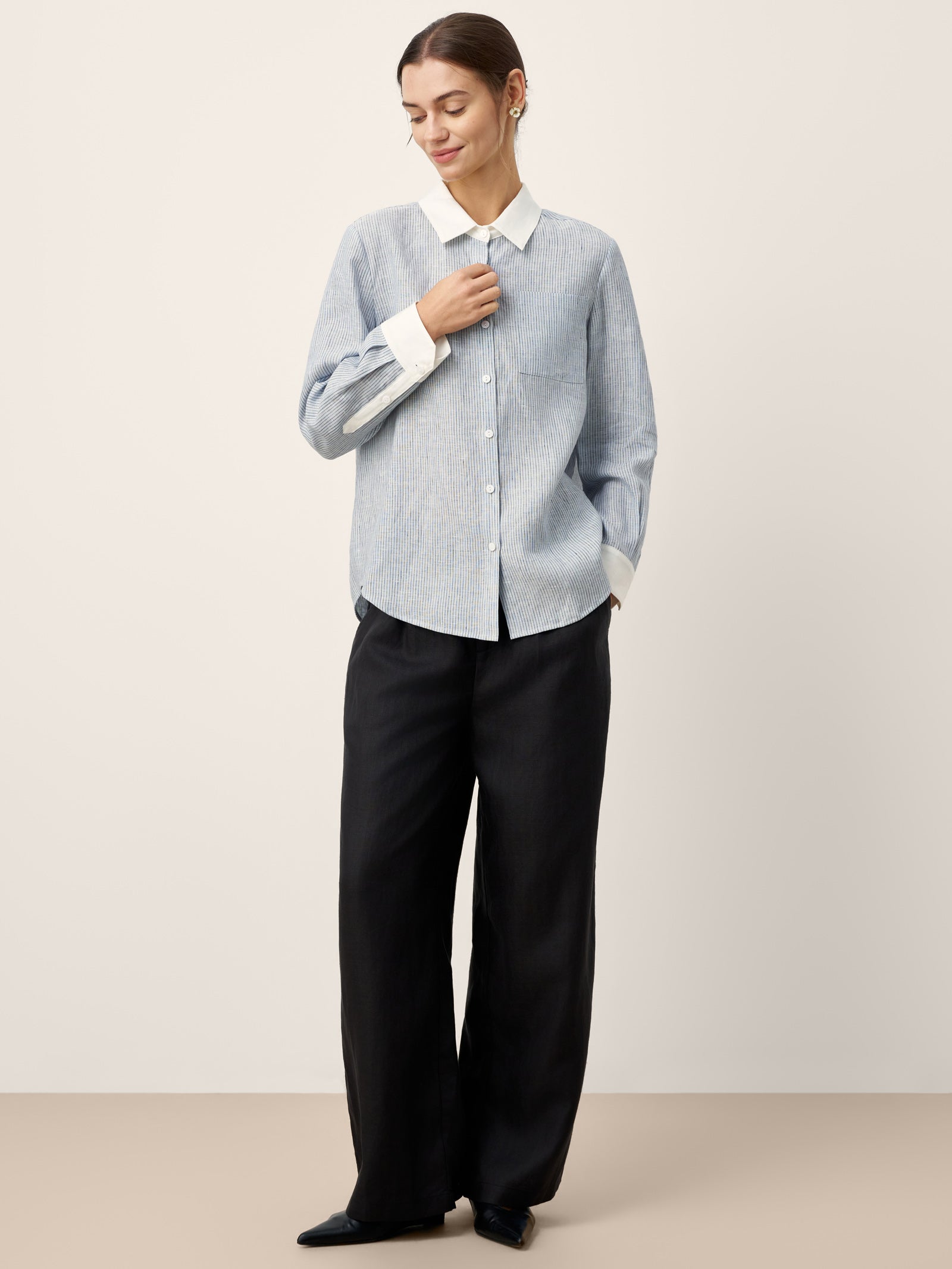 100% Linen Striped Patchwork Pleat Shirt THEA
