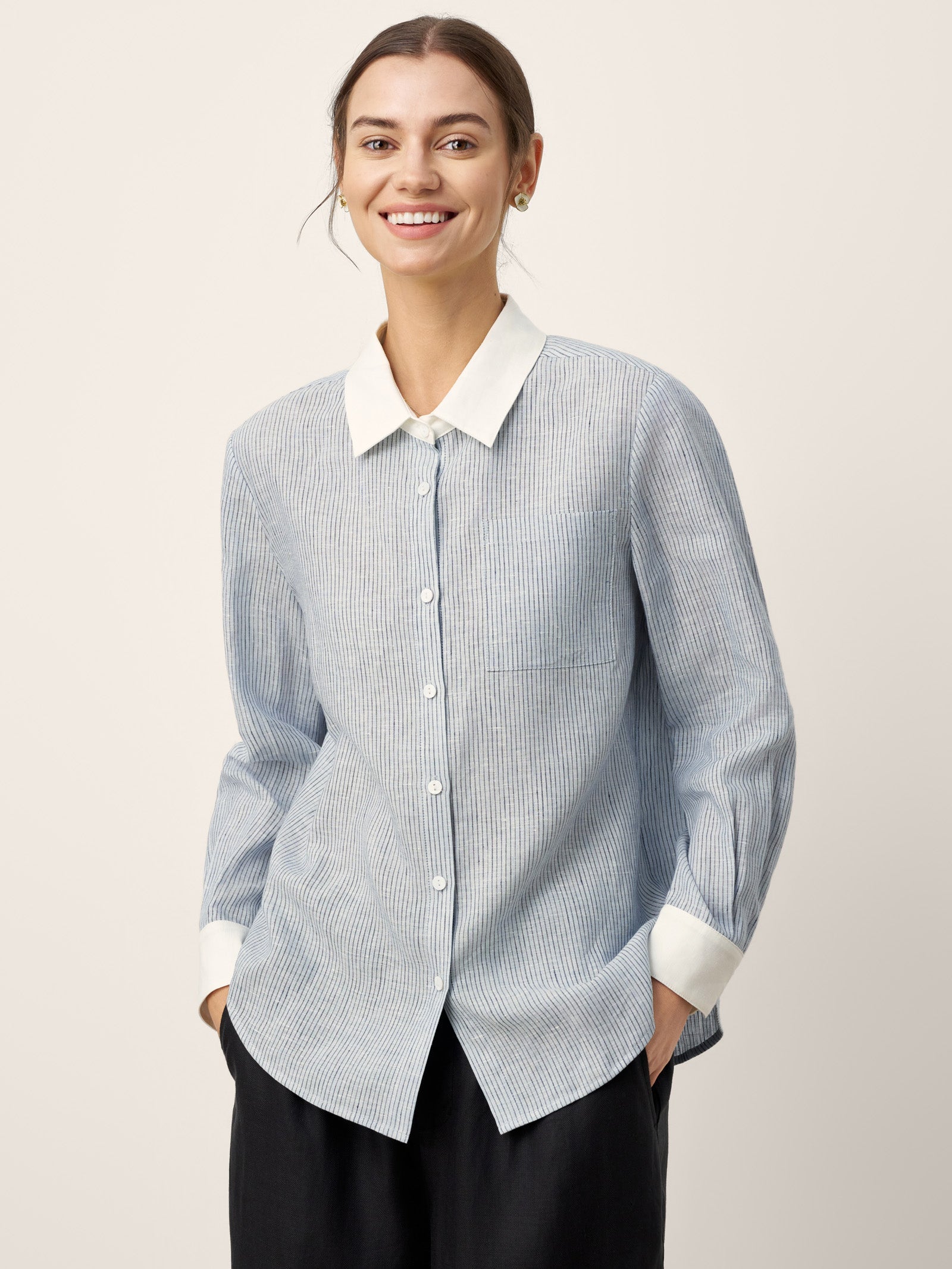 100% Linen Striped Patchwork Pleat Shirt THEA
