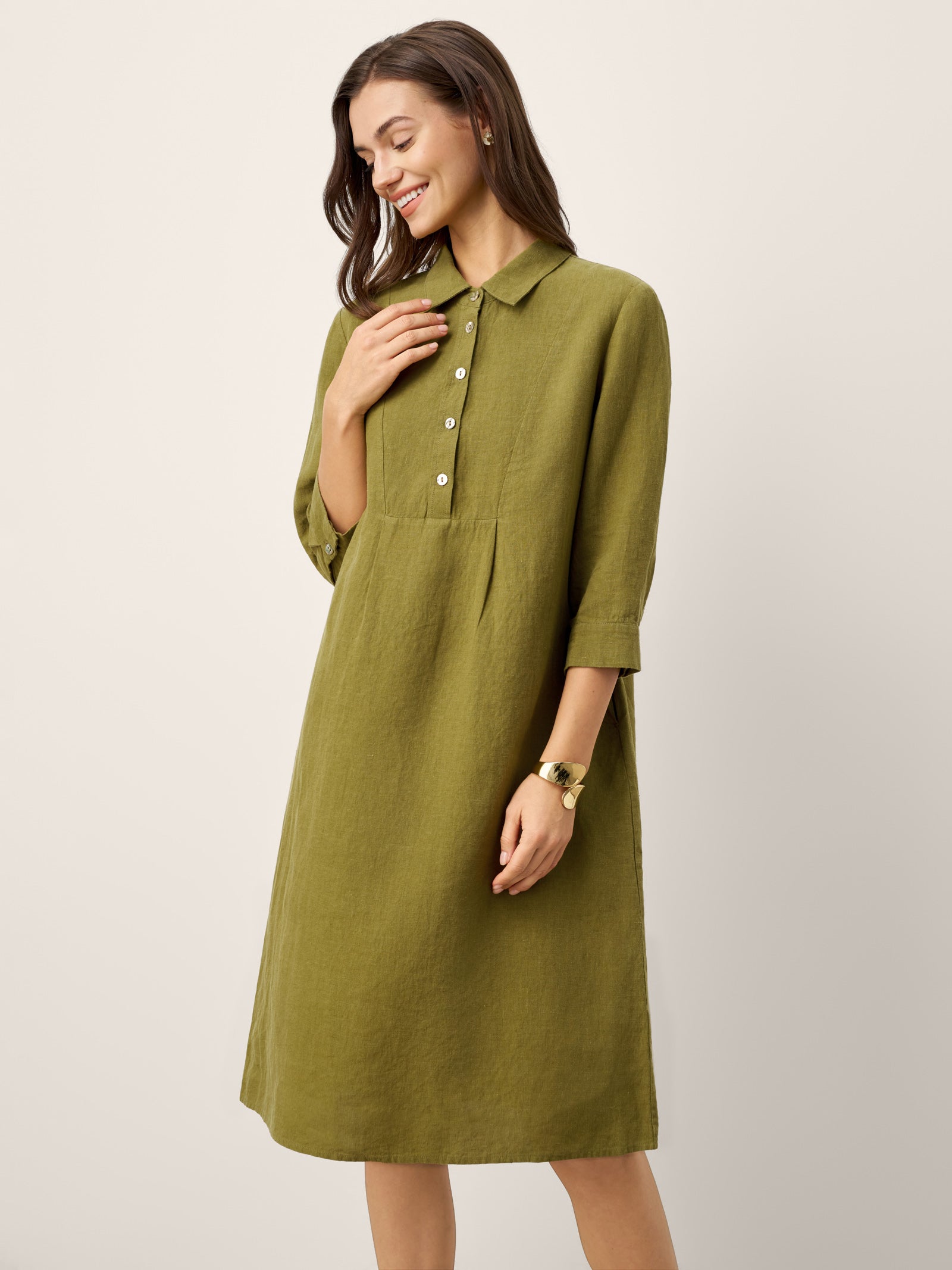 100% Linen Tailored Lapel 3/4 Sleeve Midi Shirt Dress MERCEDES