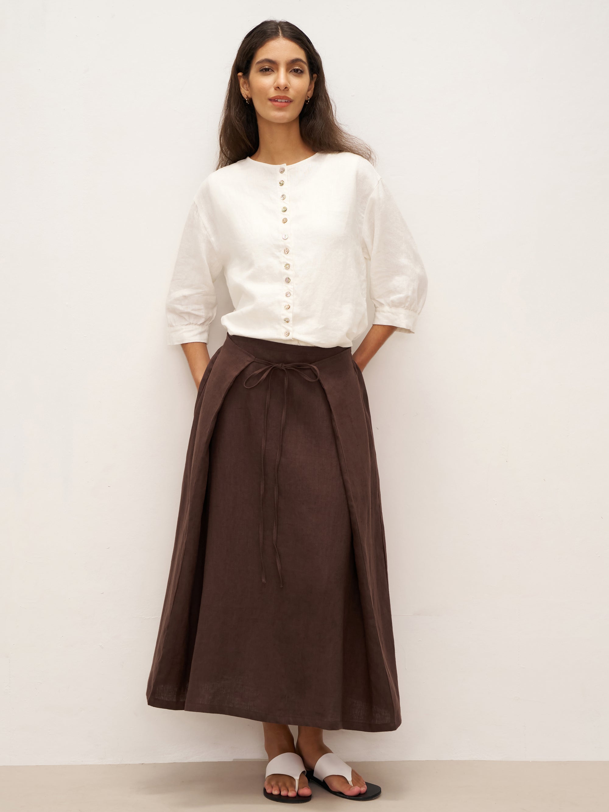 100% Linen Tie-Waist Wrapped A-Line Skirt EMILIE—Two-Way Wear