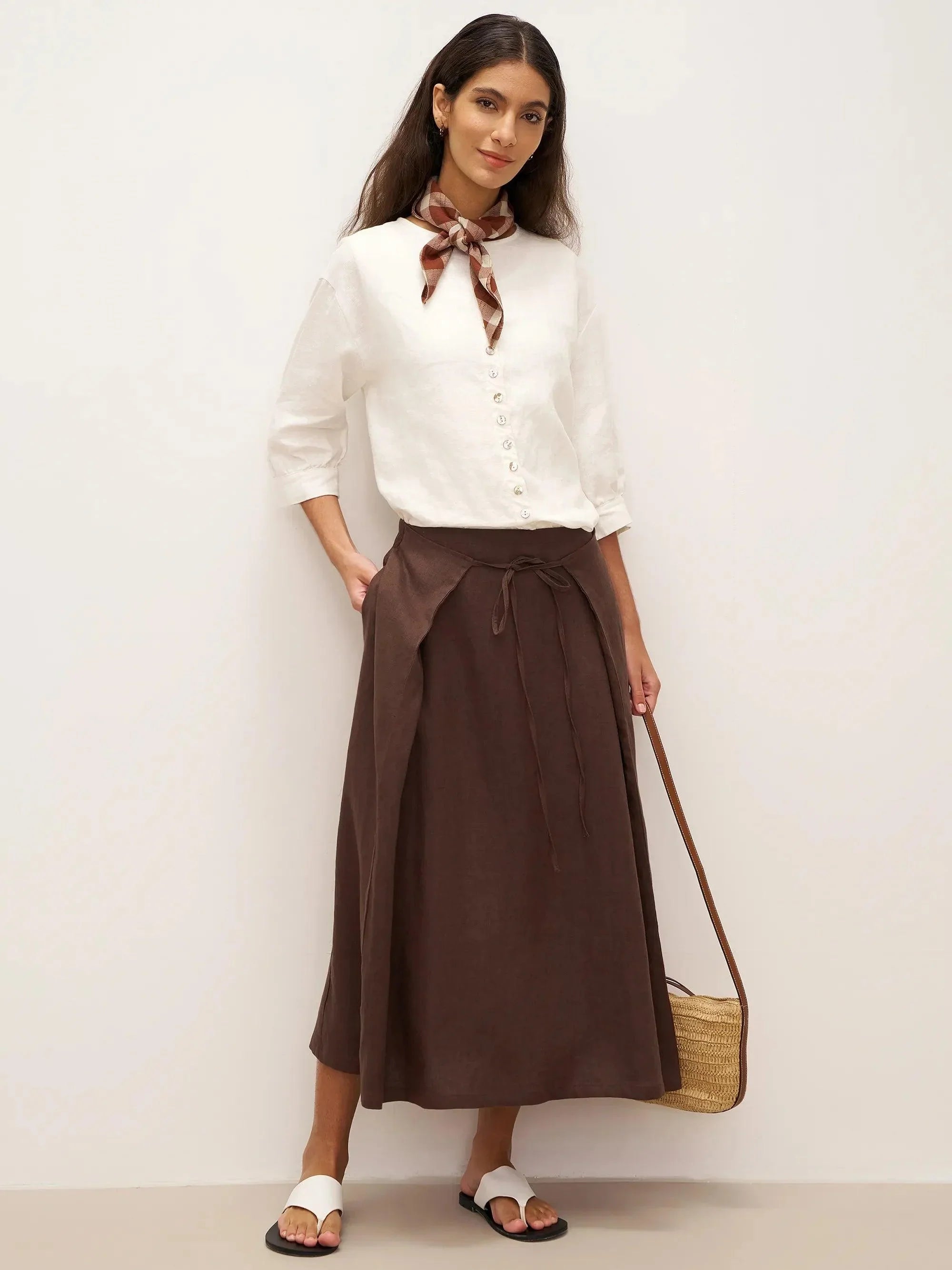 100% Linen Tie-Waist Wrapped A-Line Skirt EMILIE—Two-Way Wear