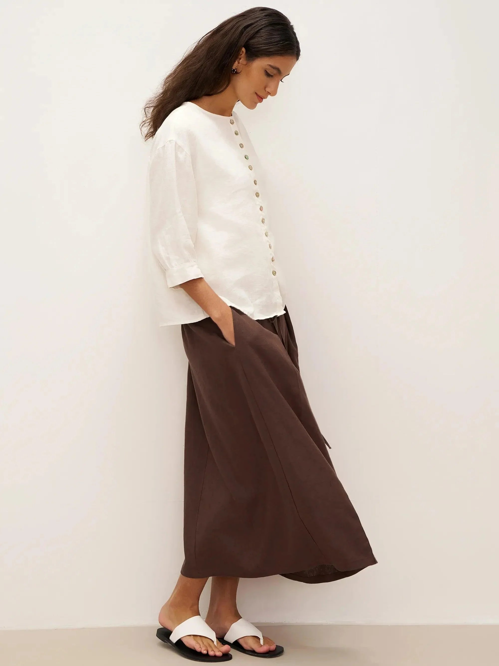 100% Linen Tie-Waist Wrapped A-Line Skirt EMILIE—Two-Way Wear