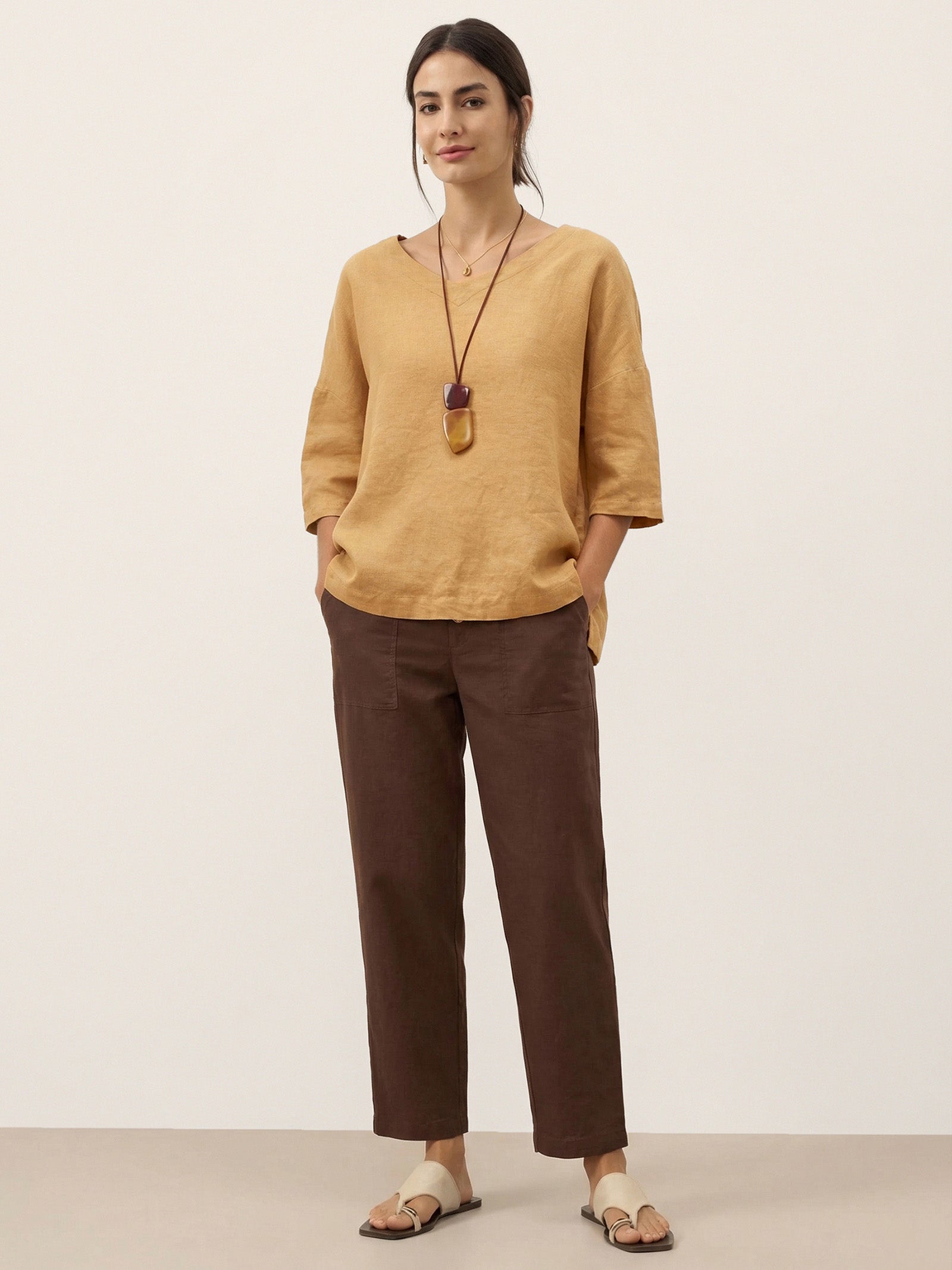 100% Linen V-Neck 3/4 Length Sleeve Top DORA