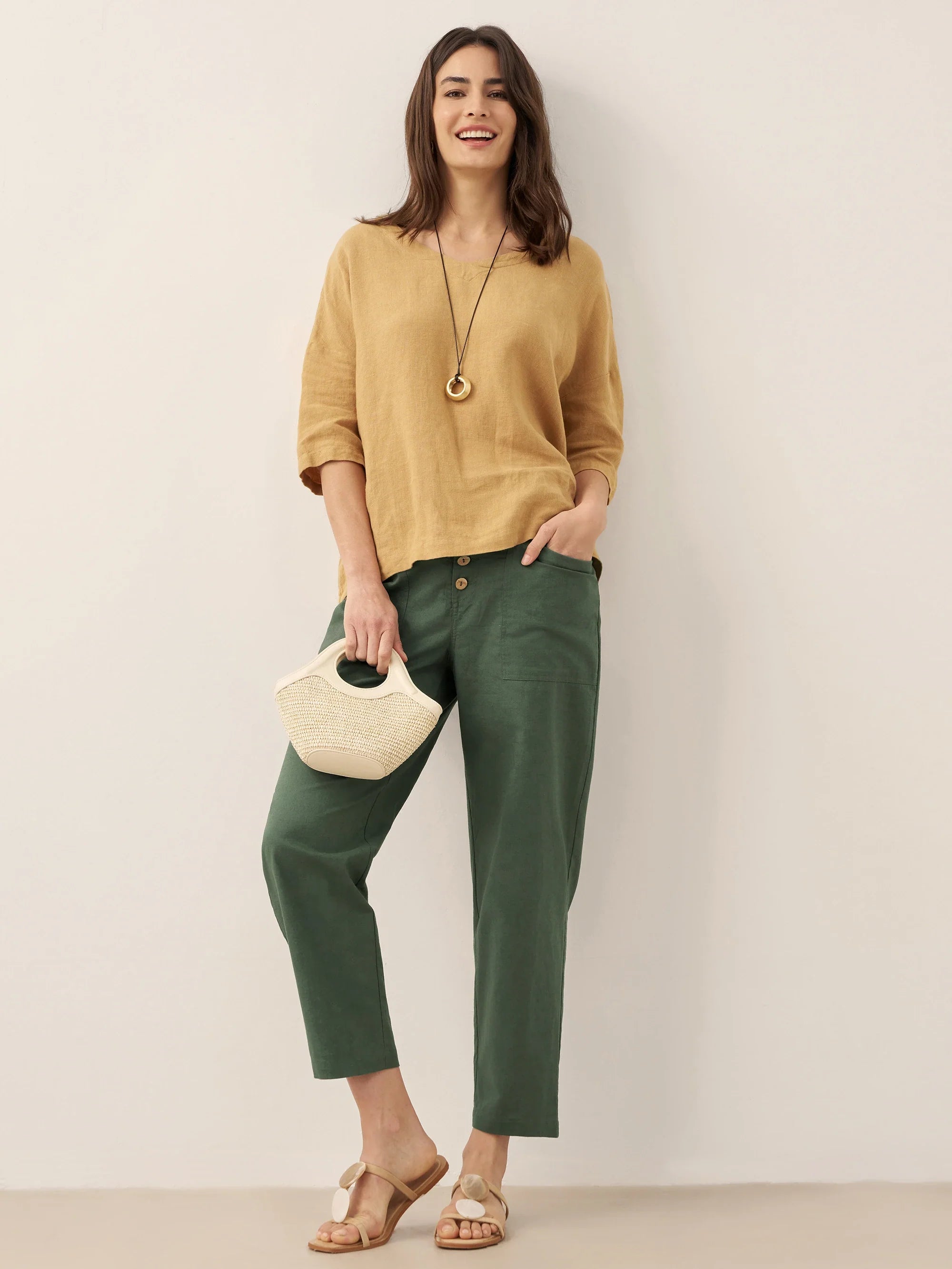100% Linen V-Neck 3/4 Length Sleeve Top DORA