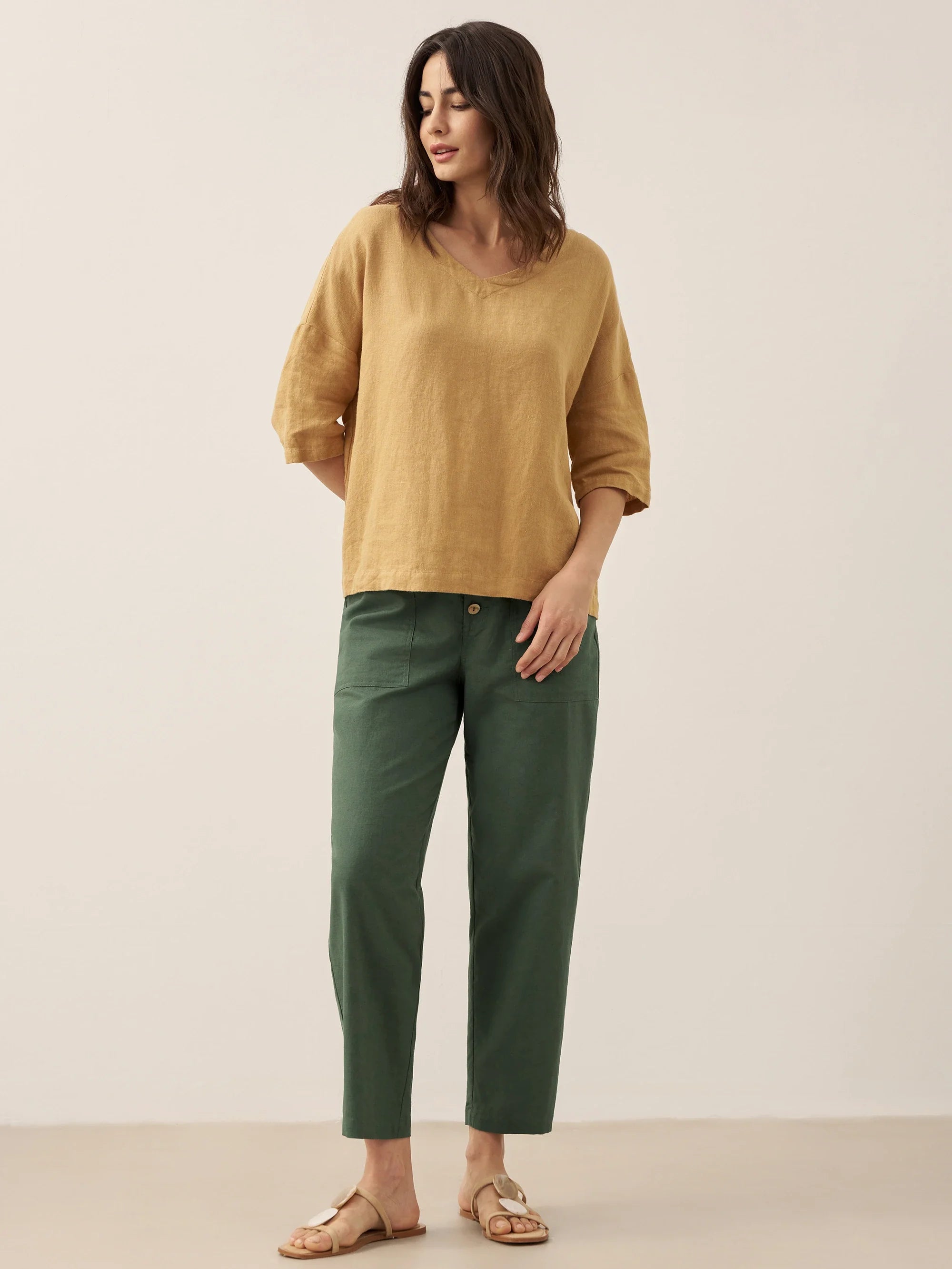100% Linen V-Neck 3/4 Length Sleeve Top DORA
