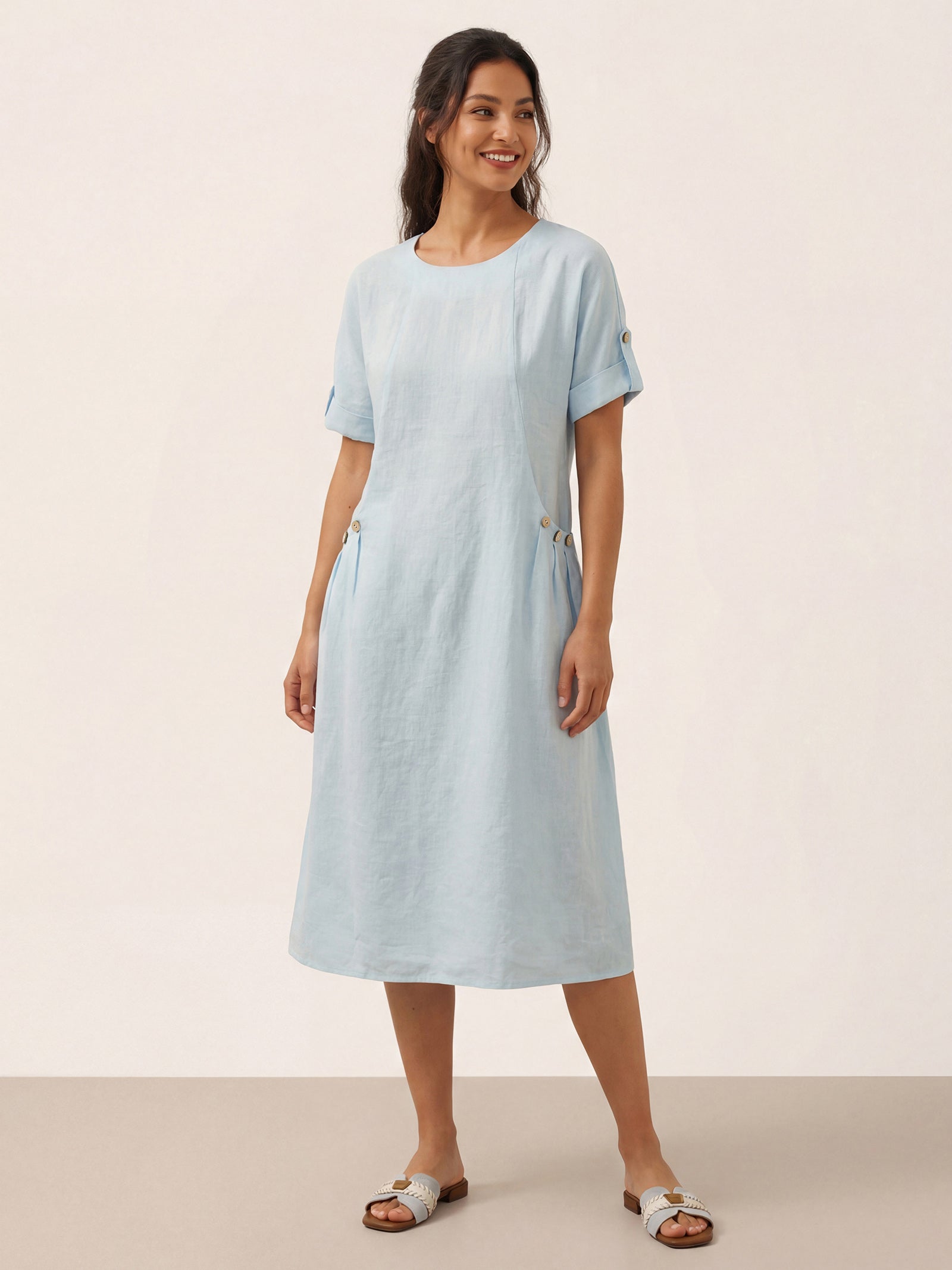 100% Linen Vintage A-Line Button Detail Maxi Dress AMIN