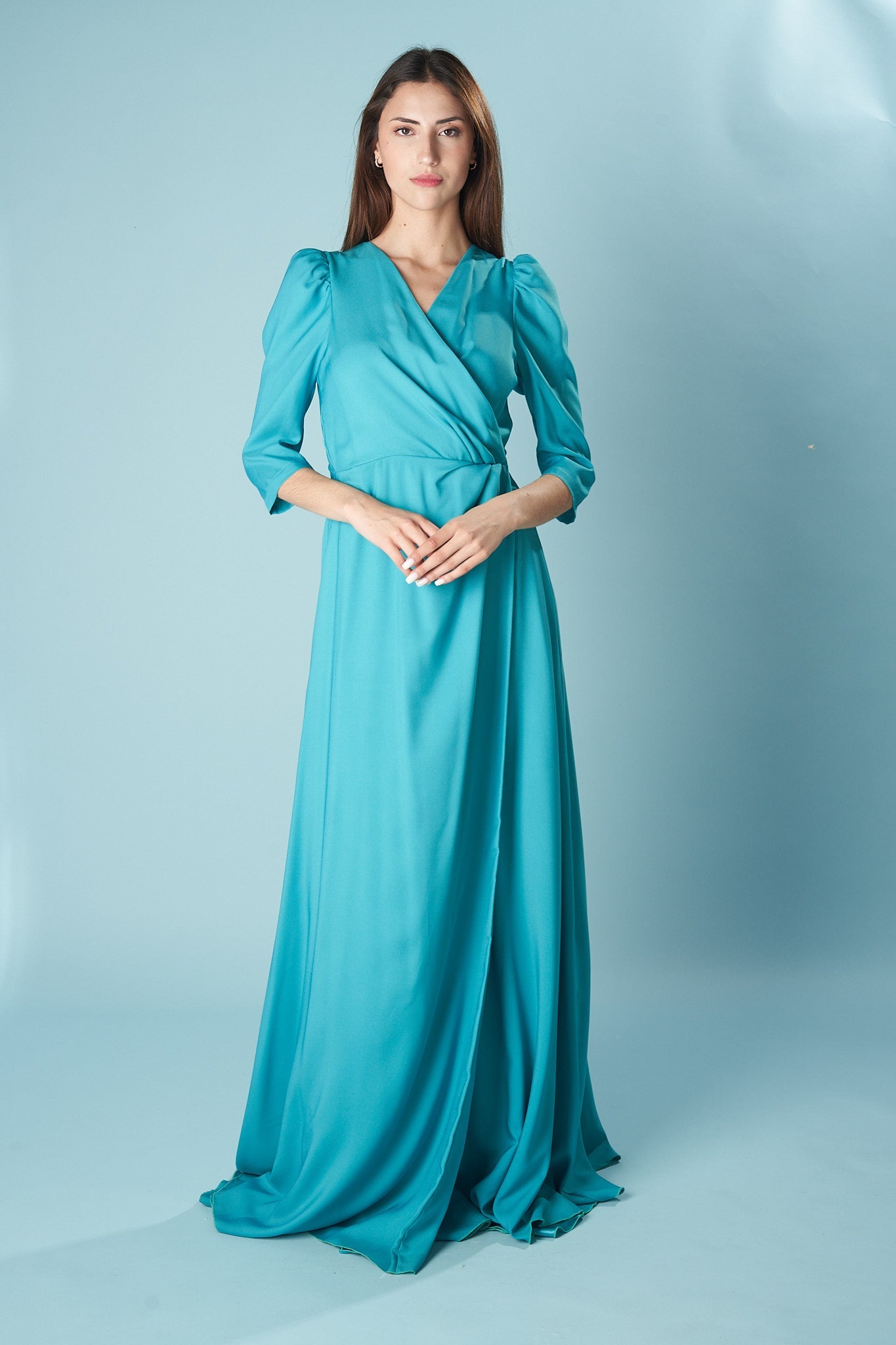Olite Long Dress with Deep V Neck and Front Slit