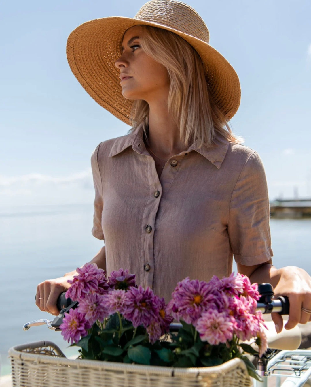 Beige Linen Shirt Maxi Dress