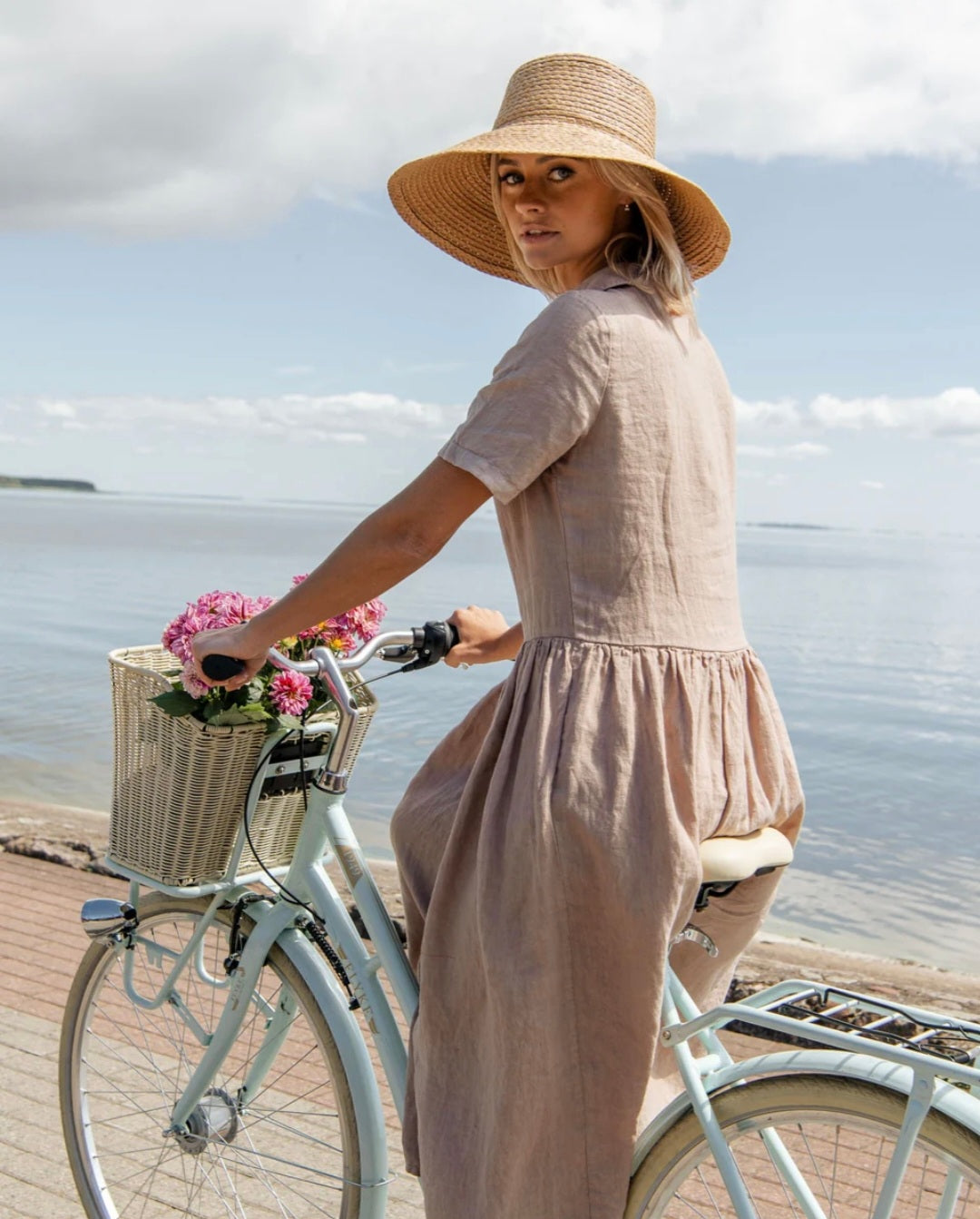 Beige Linen Shirt Maxi Dress