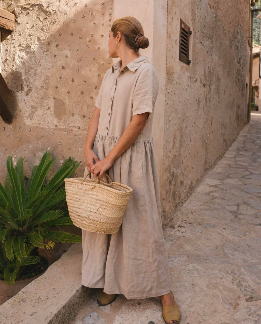 Beige Linen Shirt Maxi Dress