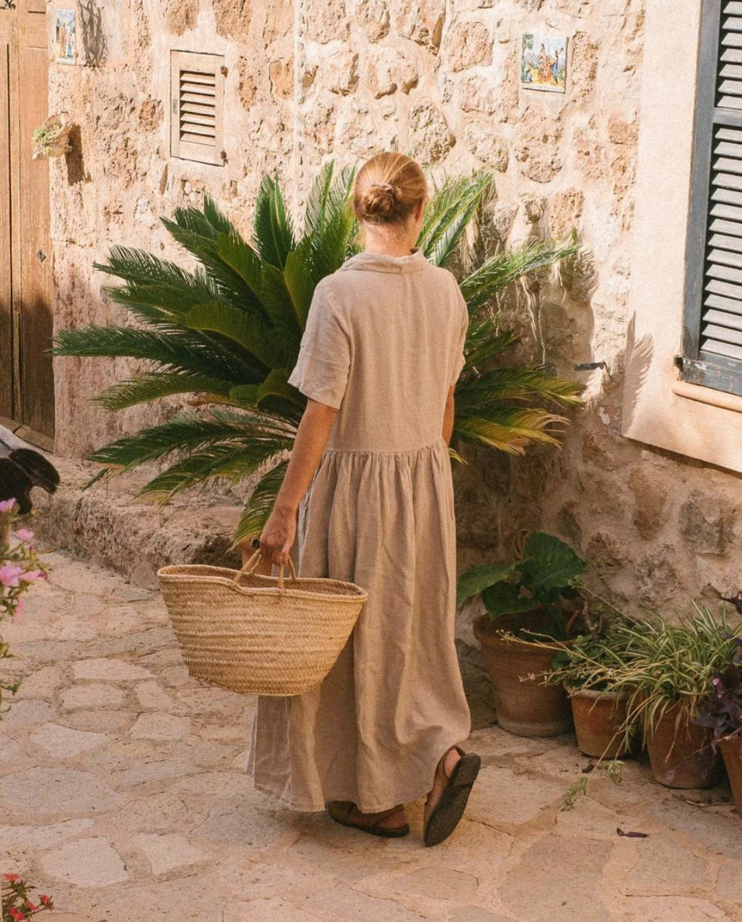 Beige Linen Shirt Maxi Dress